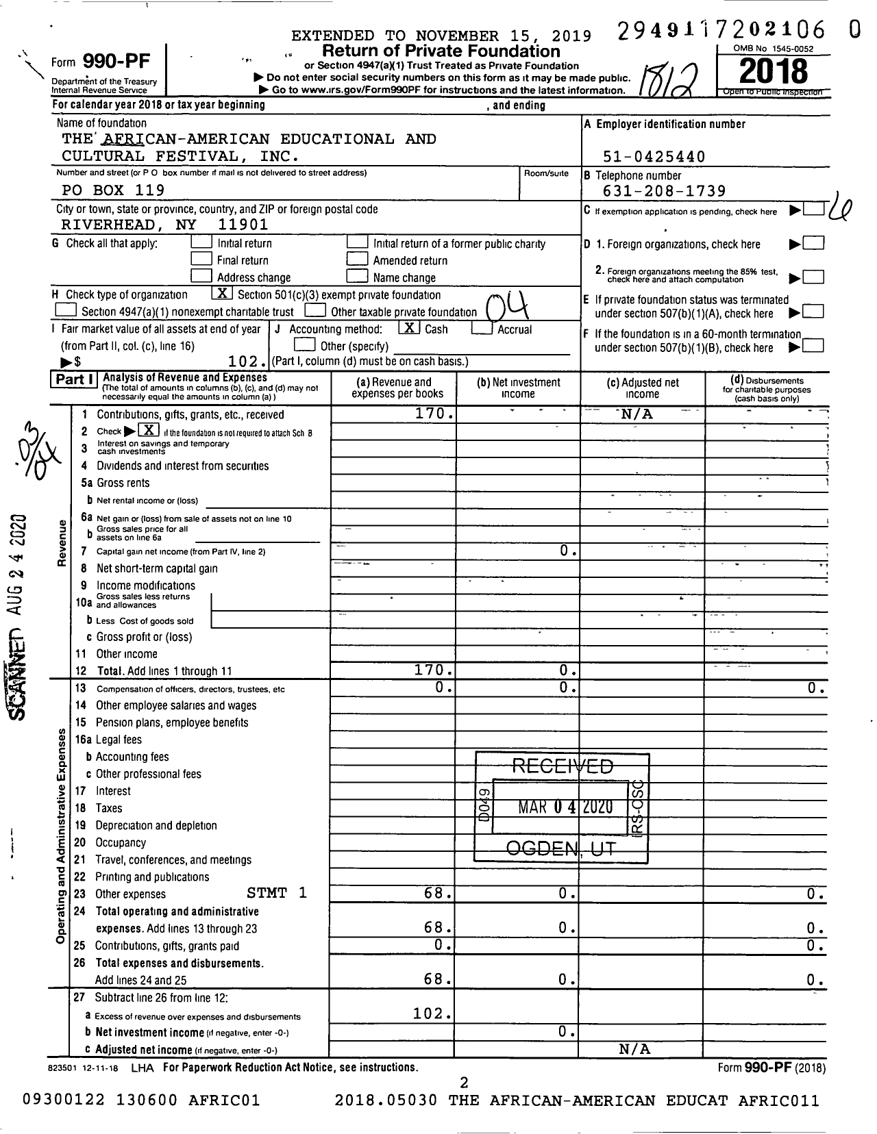 Image of first page of 2018 Form 990PR for The African-American Educational and Cultural Festival