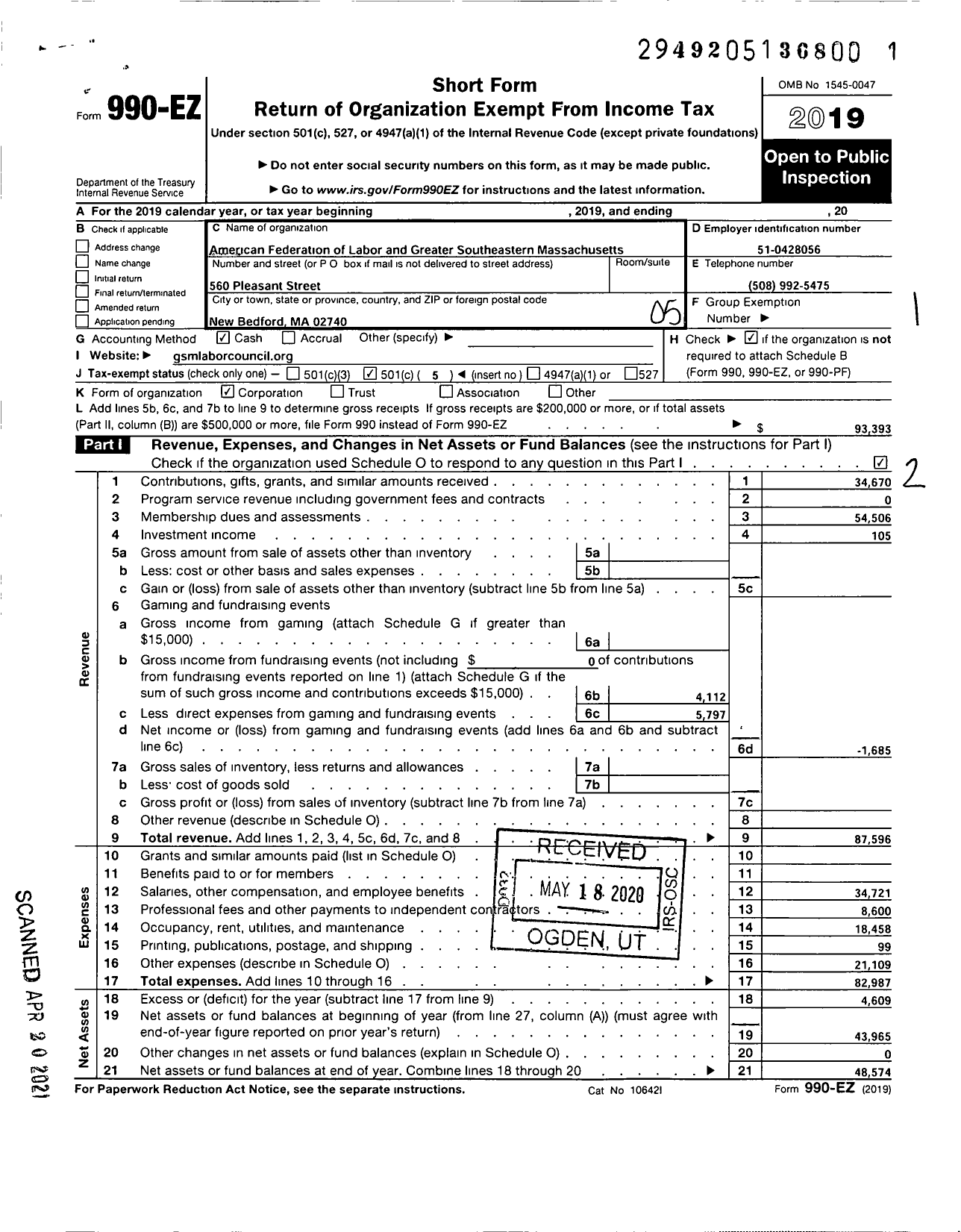 Image of first page of 2019 Form 990EO for AFL-CIO - Greater Southeastern Massachusetts