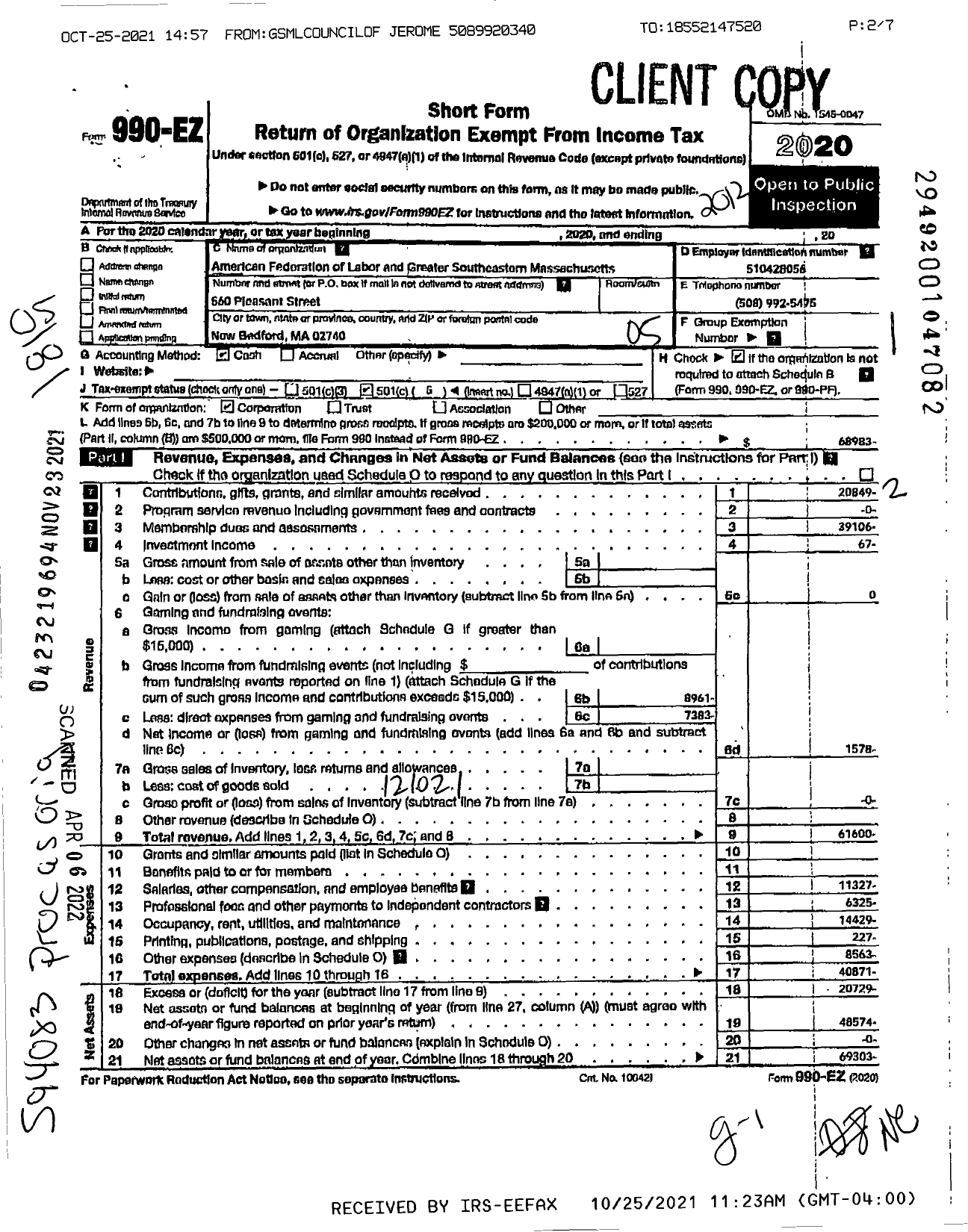 Image of first page of 2020 Form 990EO for AFL-CIO - Greater Southeastern Massachusetts