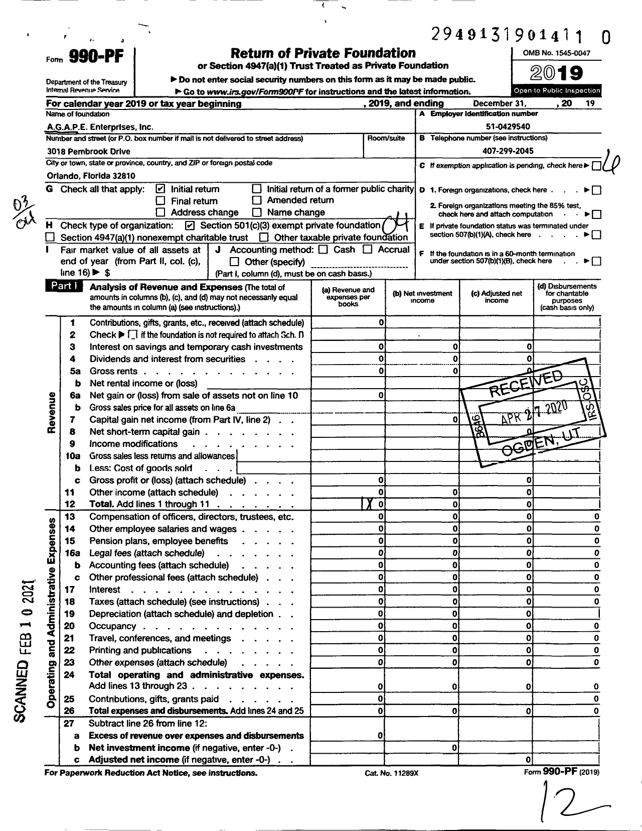 Image of first page of 2019 Form 990PF for A G A P E Enterprises