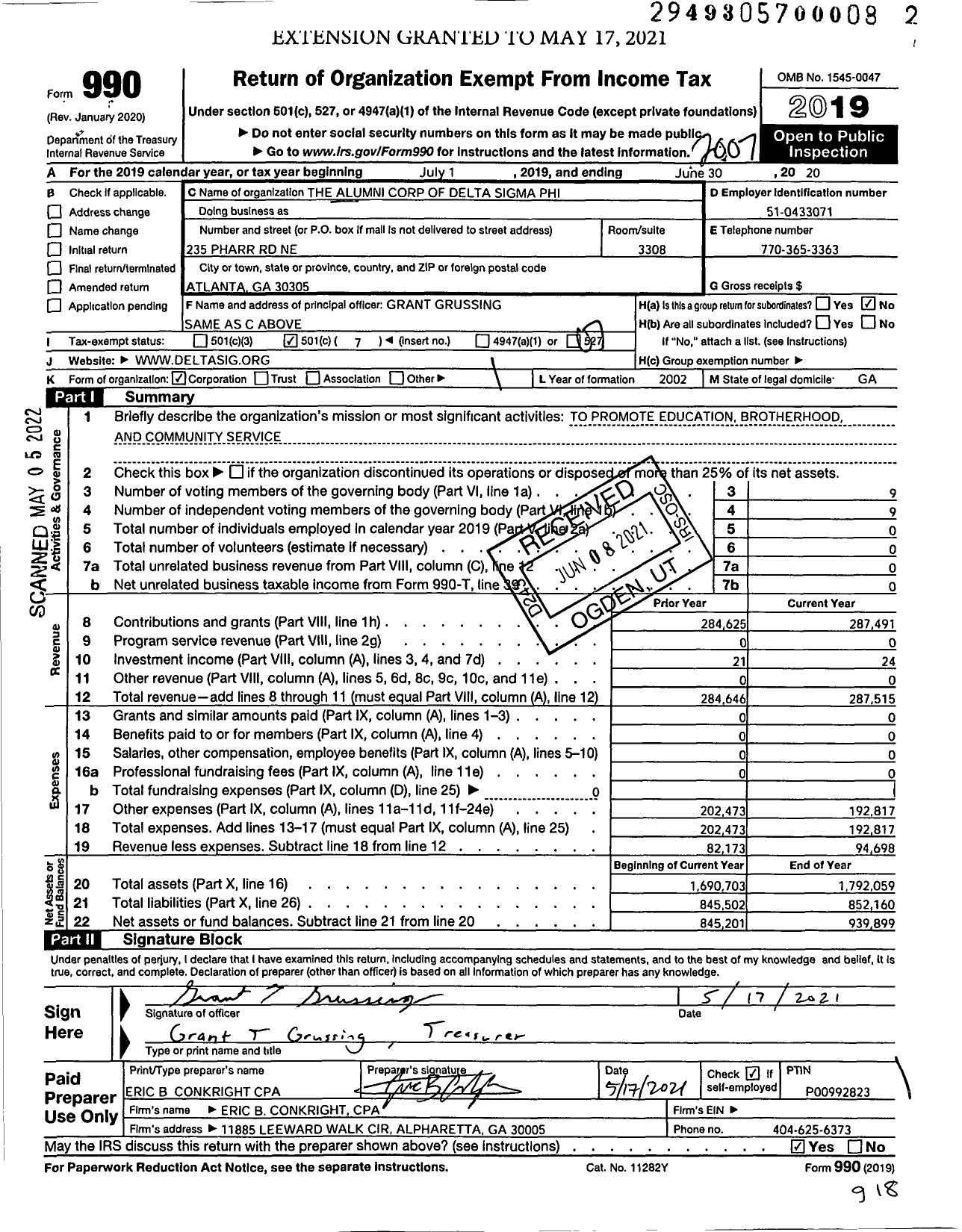 Image of first page of 2019 Form 990O for The Alumni Corp of Delta Sigma Phi