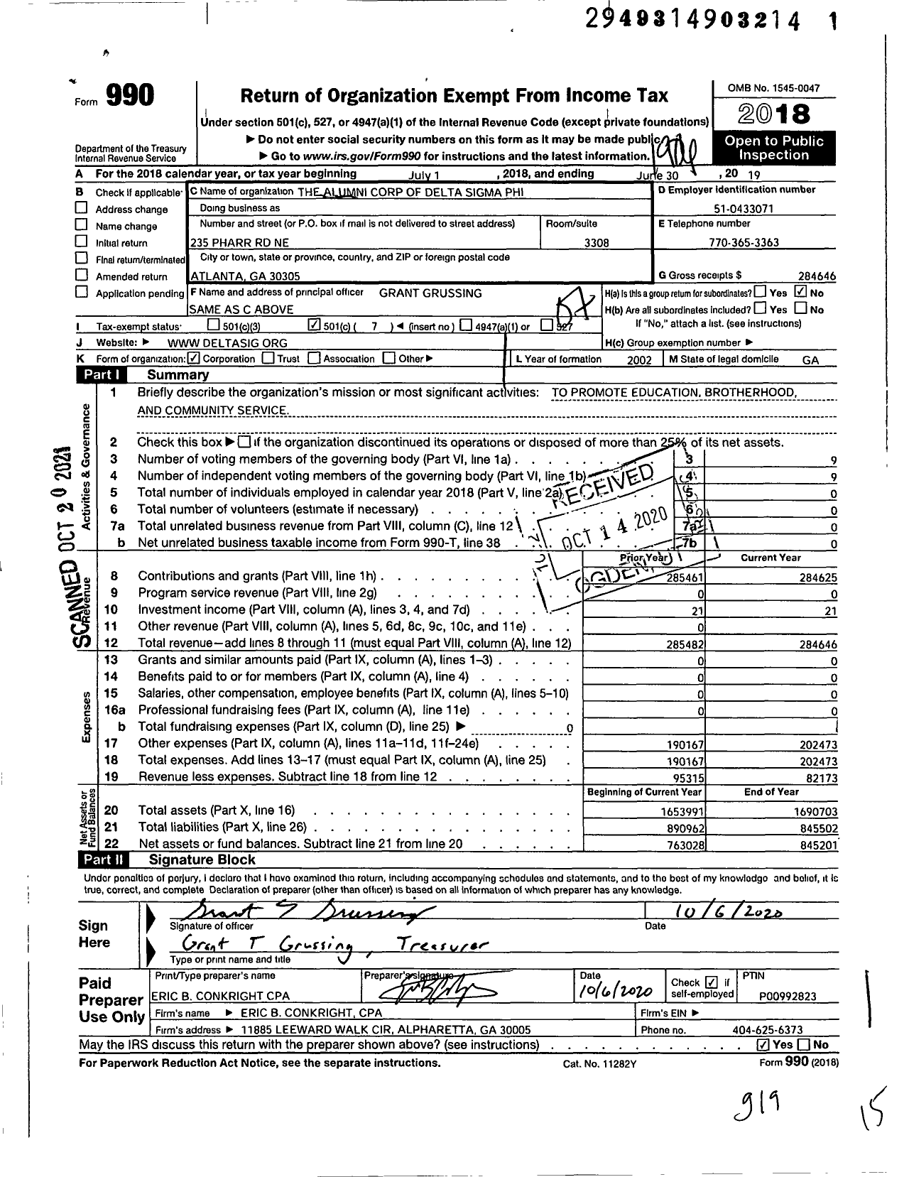 Image of first page of 2018 Form 990O for The Alumni Corp of Delta Sigma Phi