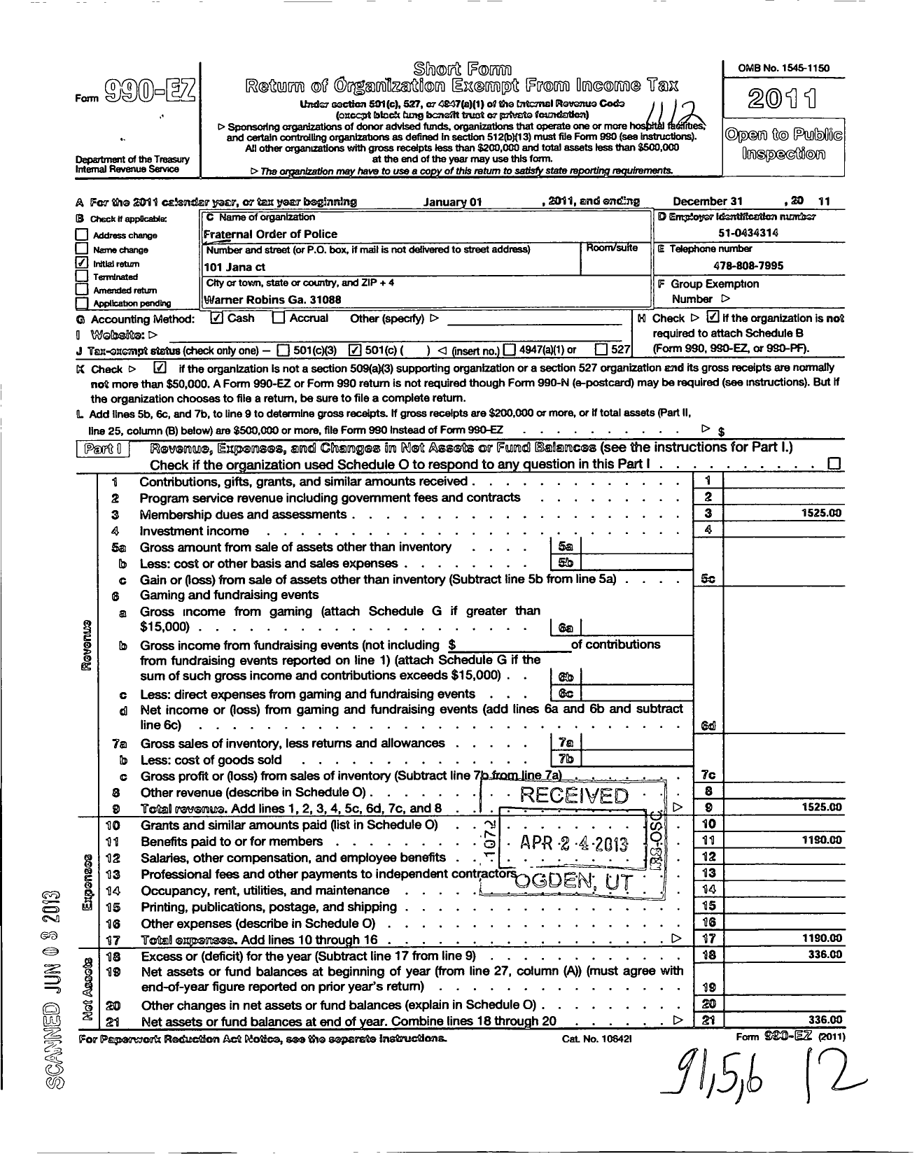 Image of first page of 2011 Form 990EO for Fraternal Order of Police - 098 Houston County Fop Lodge