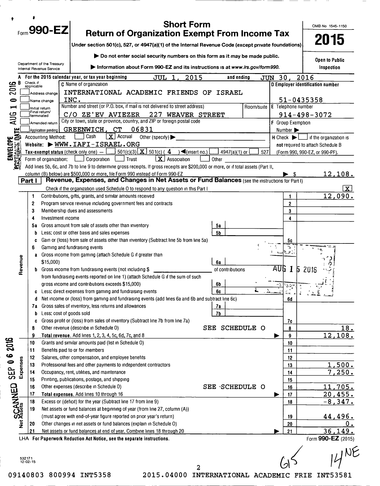 Image of first page of 2015 Form 990EO for International Academic Friends of Israel