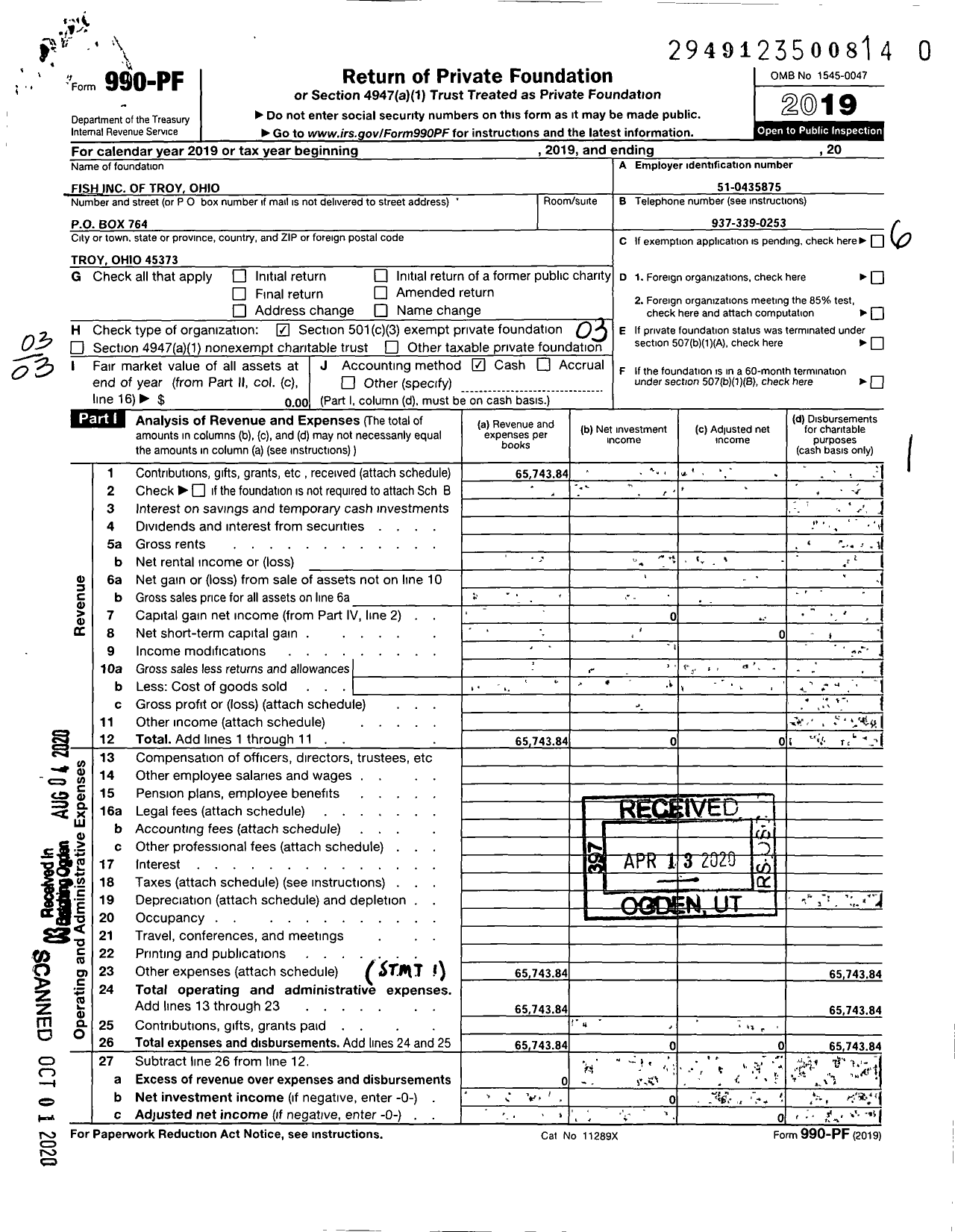 Image of first page of 2019 Form 990PR for Fish of Troy Ohio