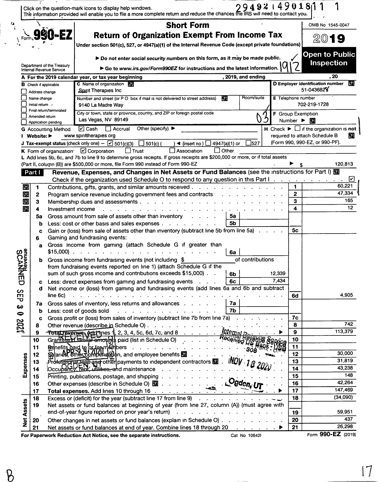 Image of first page of 2019 Form 990EZ for Spirit Therapies