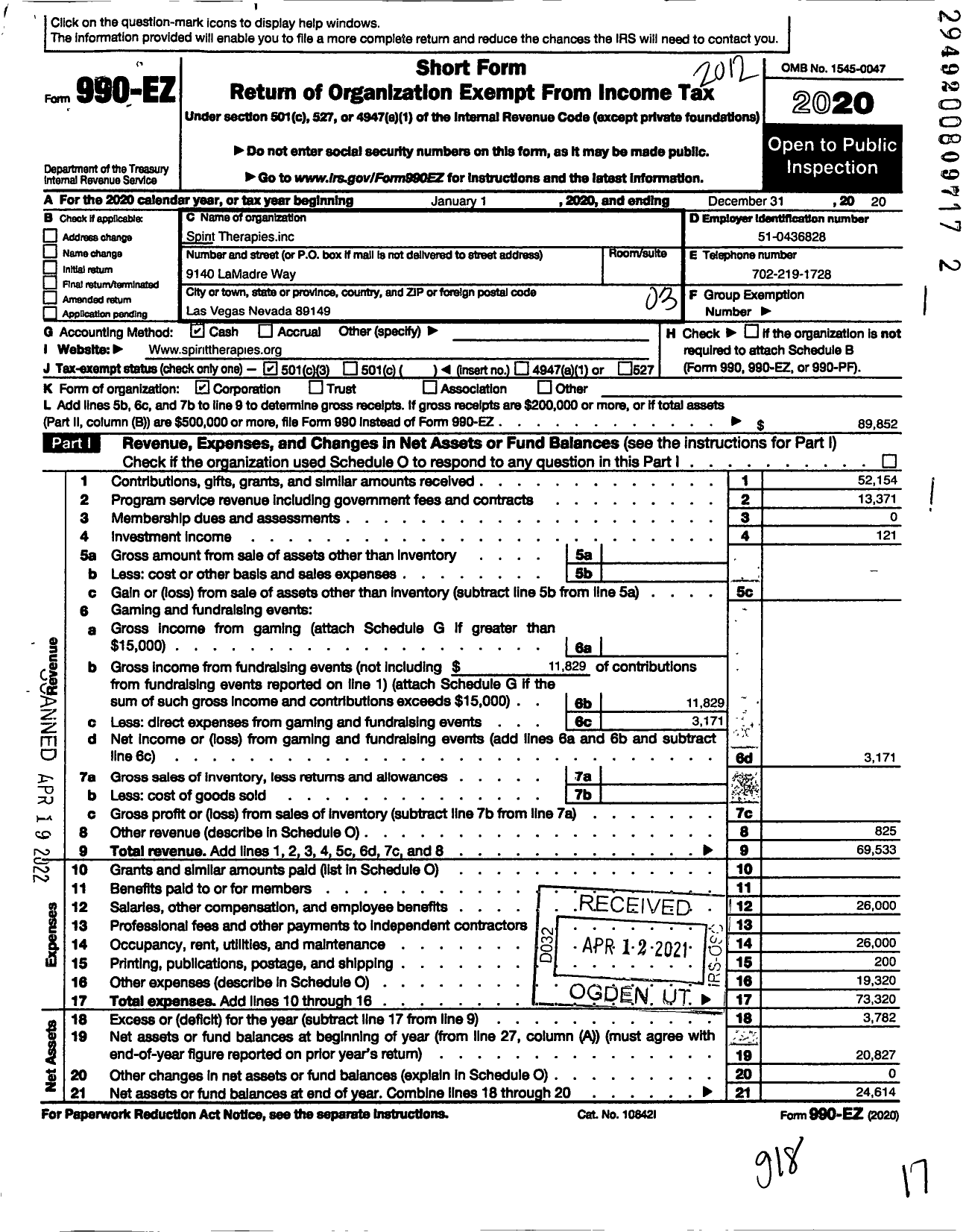 Image of first page of 2020 Form 990EZ for Spirit Therapies