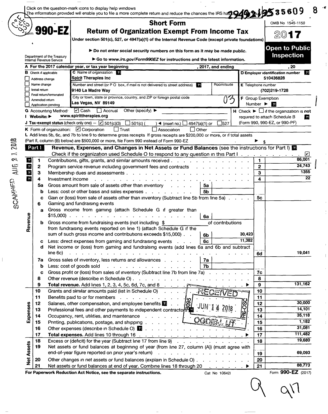 Image of first page of 2017 Form 990EZ for Spirit Therapies