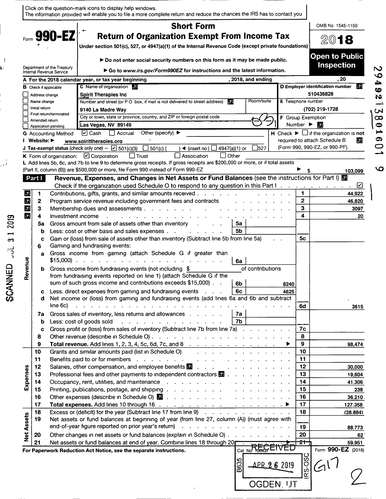 Image of first page of 2018 Form 990EZ for Spirit Therapies