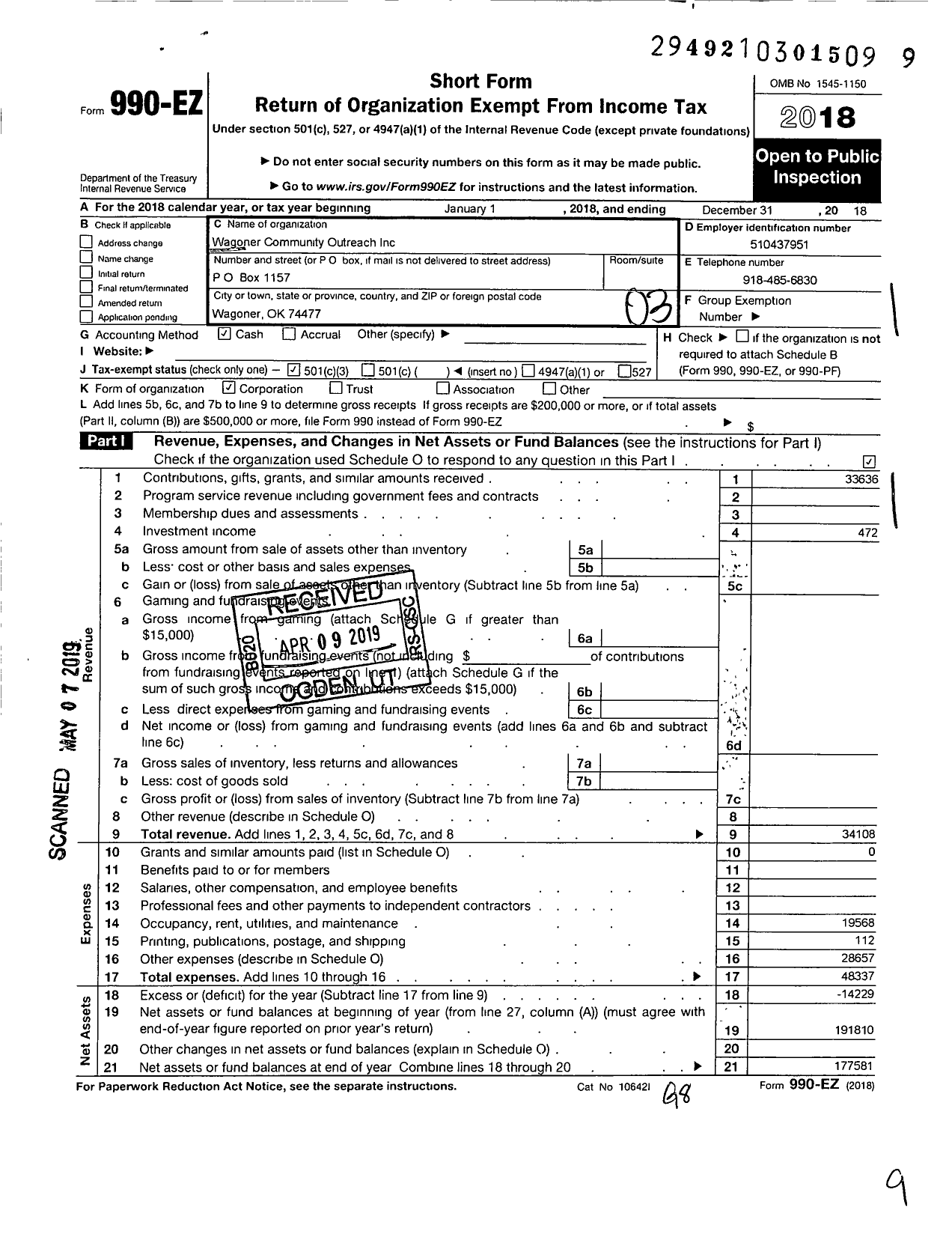 Image of first page of 2018 Form 990EZ for Wagoner Community Outreach