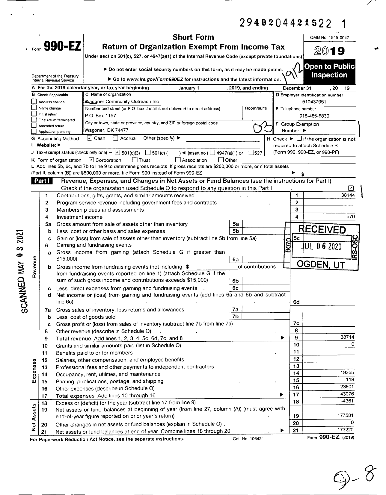 Image of first page of 2019 Form 990EZ for Wagoner Community Outreach