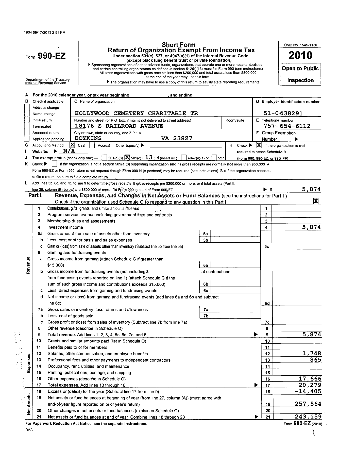 Image of first page of 2010 Form 990EO for Hollywood Cemetery Charitable Trust