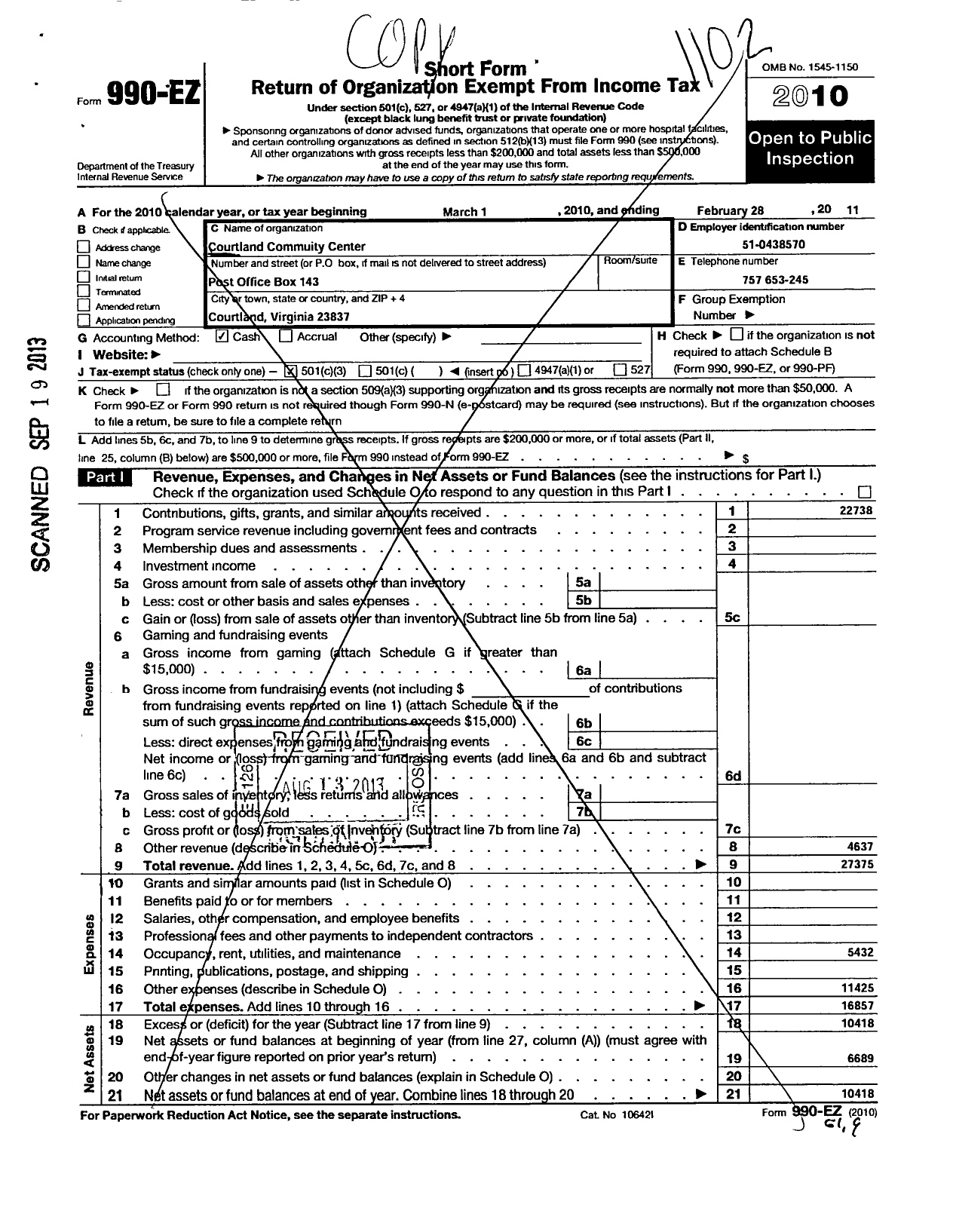 Image of first page of 2010 Form 990EZ for Courtland Community Center