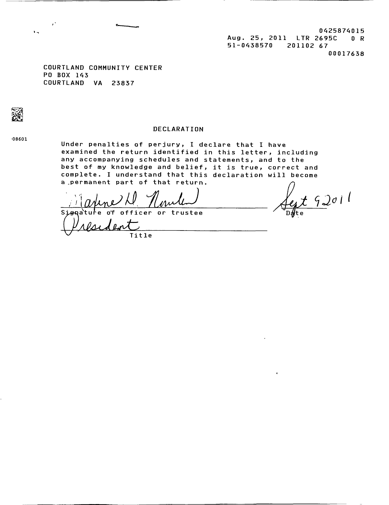 Image of first page of 2010 Form 990ER for Courtland Community Center