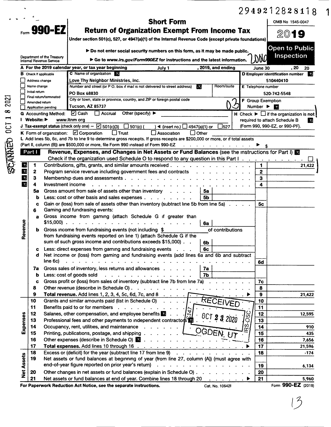 Image of first page of 2019 Form 990EZ for Love Thy Neighbor Ministries