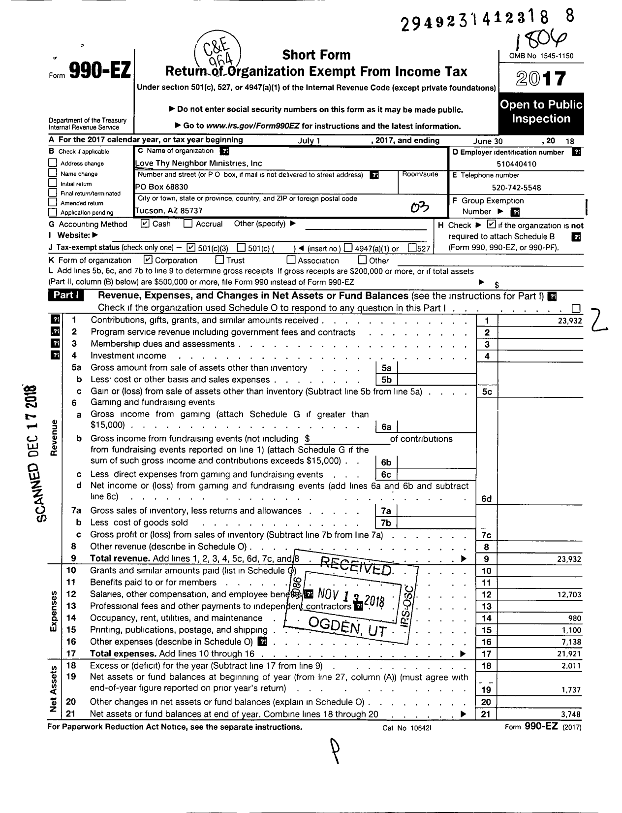 Image of first page of 2017 Form 990EZ for Love Thy Neighbor Ministries