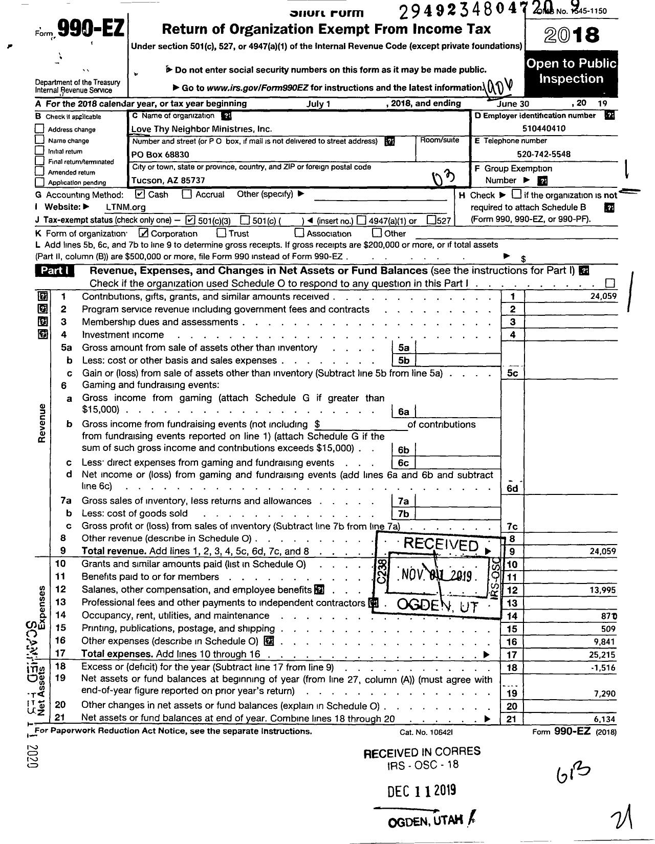 Image of first page of 2018 Form 990EZ for Love Thy Neighbor Ministries