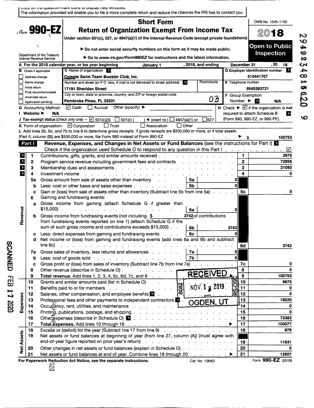 Image of first page of 2018 Form 990EZ for Comets Swim Team Booster Club