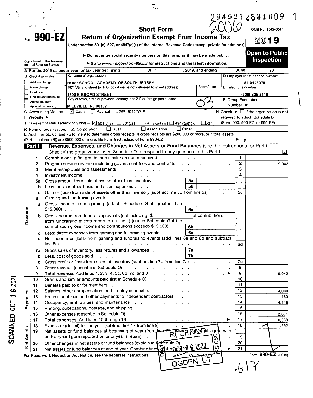 Image of first page of 2019 Form 990EZ for HOMESCHOOL ACADEMY of South Jersey