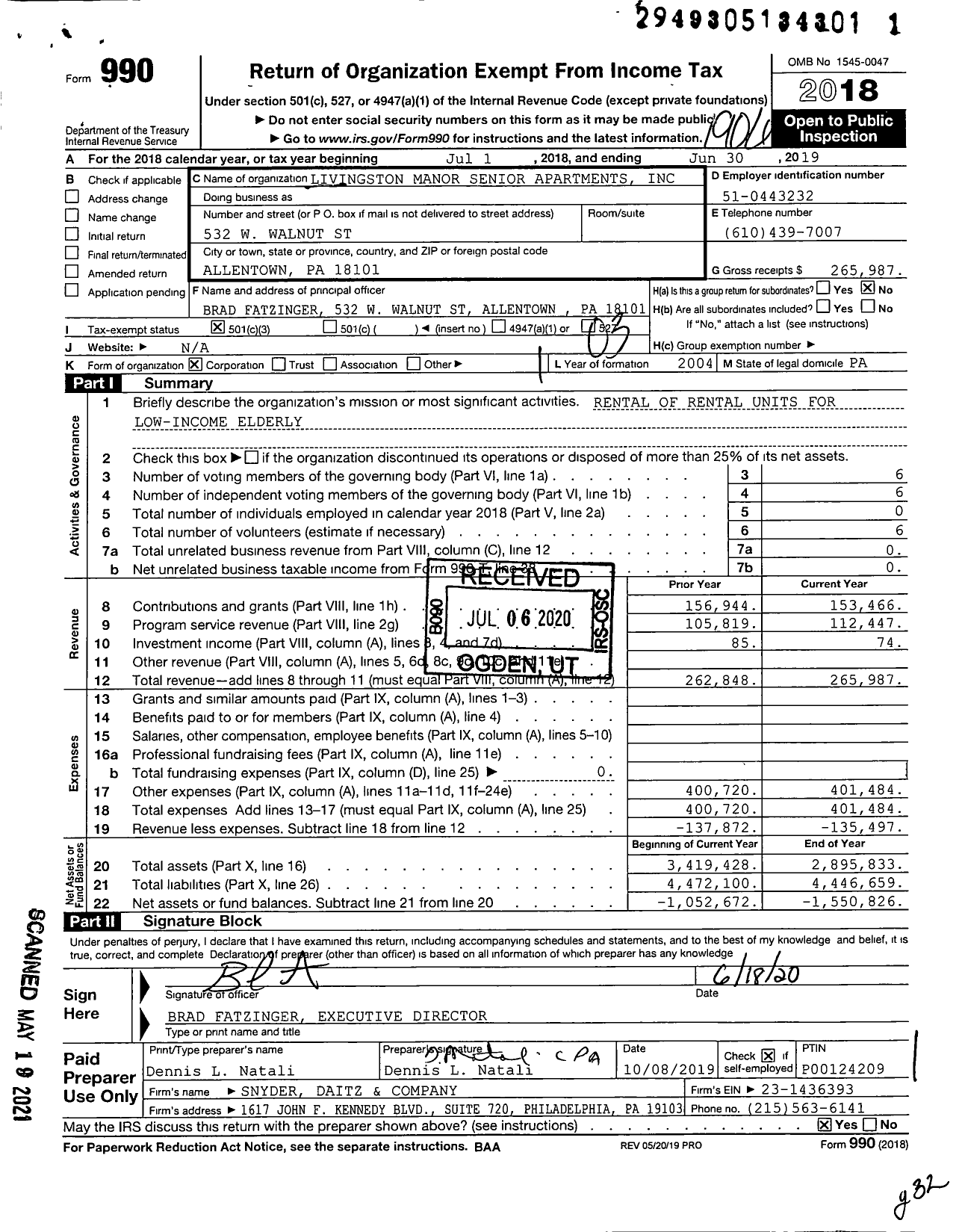 Image of first page of 2018 Form 990 for Livingston Manor Senior Apartments