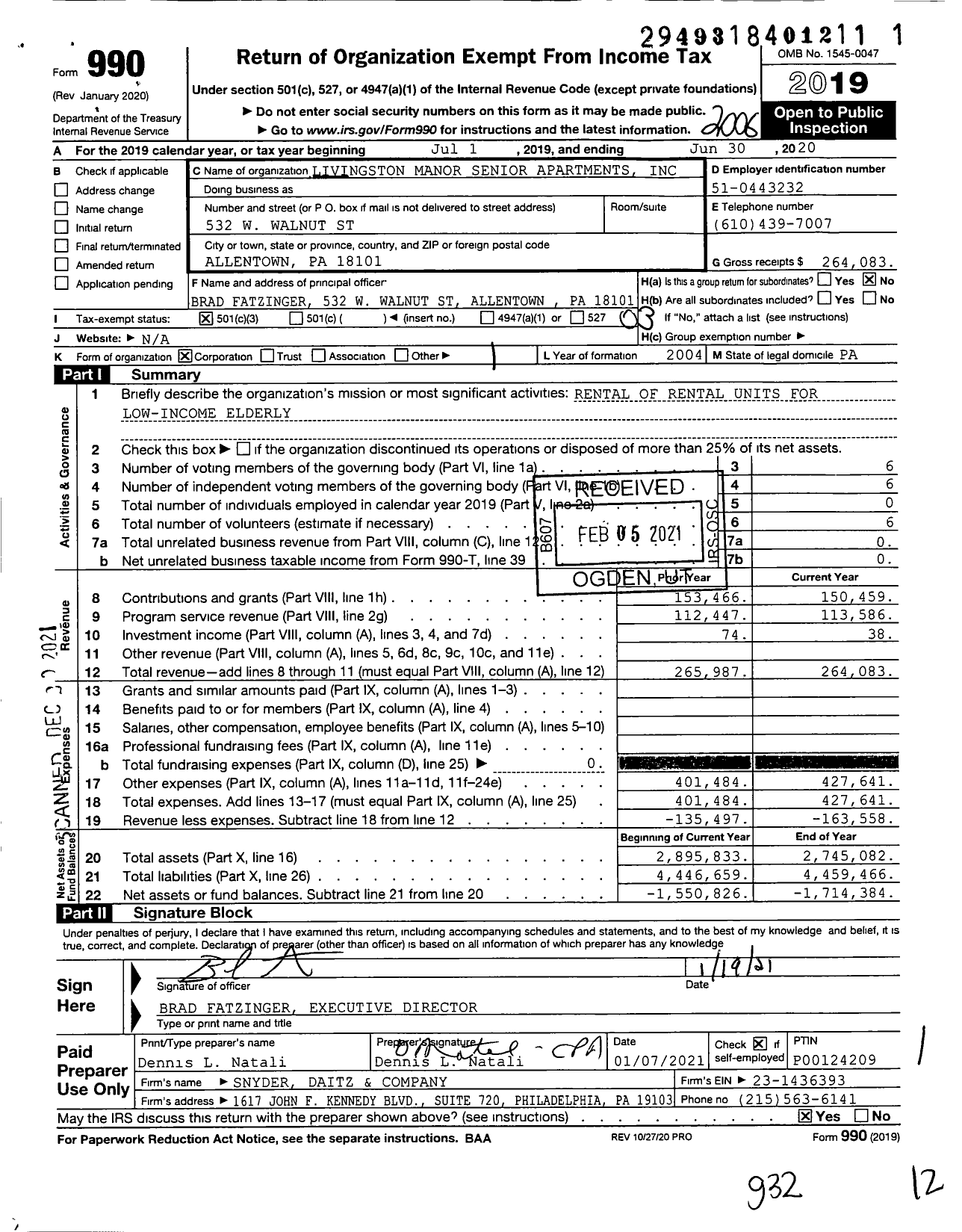 Image of first page of 2019 Form 990 for Livingston Manor Senior Apartments