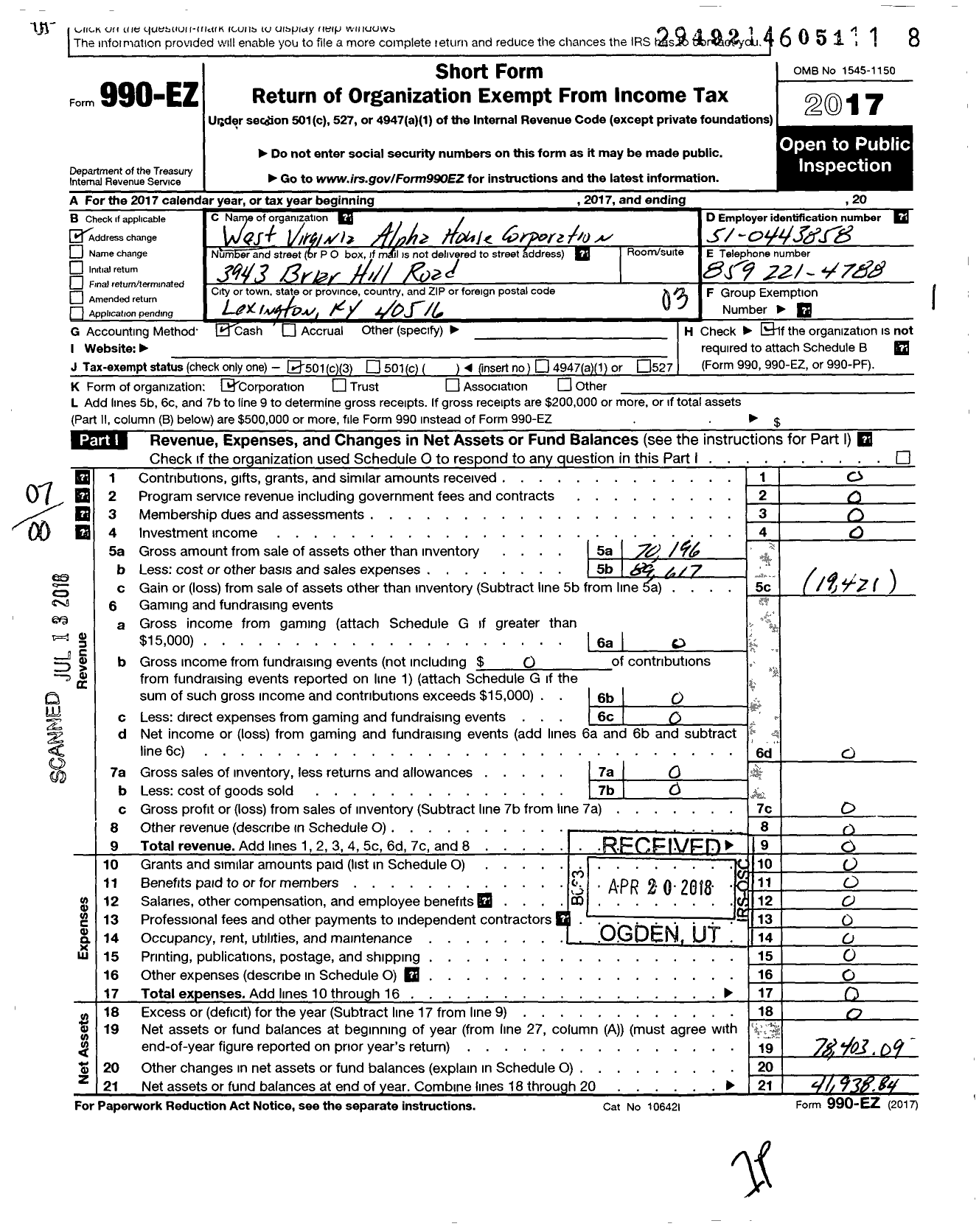 Image of first page of 2017 Form 990EO for West Virginia Alpha House Corporation