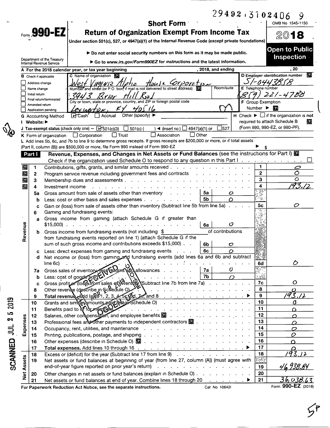 Image of first page of 2018 Form 990EO for West Virginia Alpha House Corporation