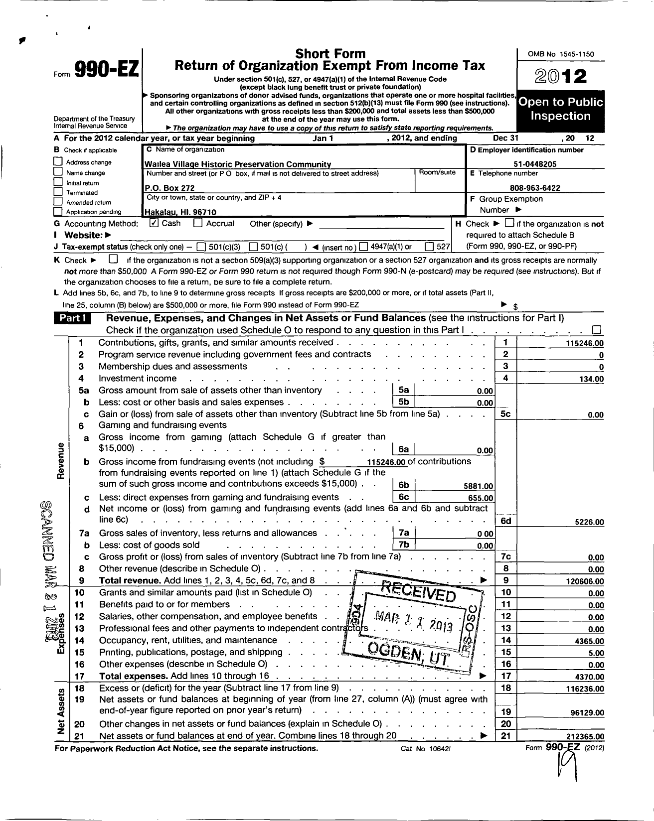 Image of first page of 2012 Form 990EZ for Wailea Village Historic Preservation Community