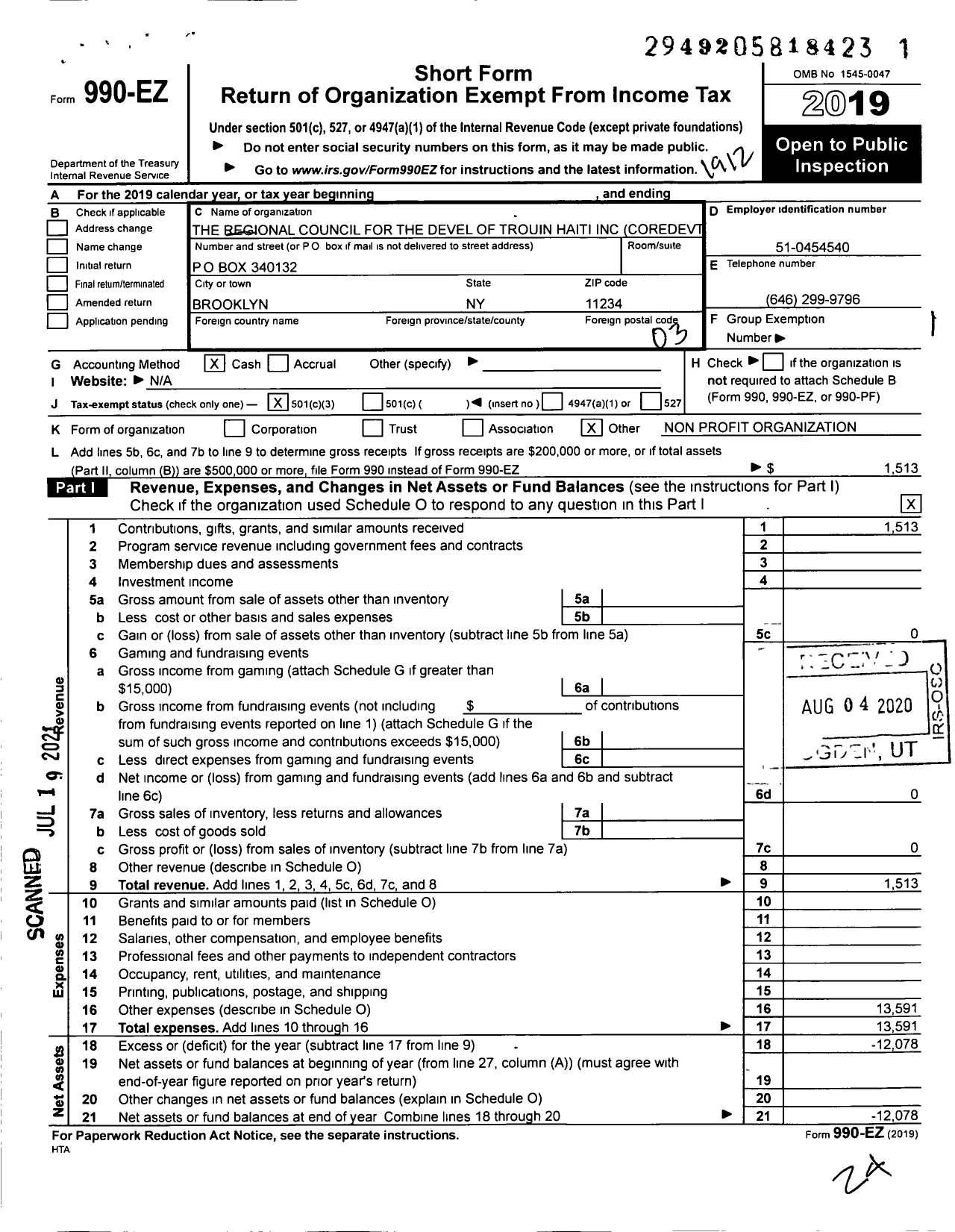 Image of first page of 2019 Form 990EZ for The Regional Council for the Devel of Trouin Haiti