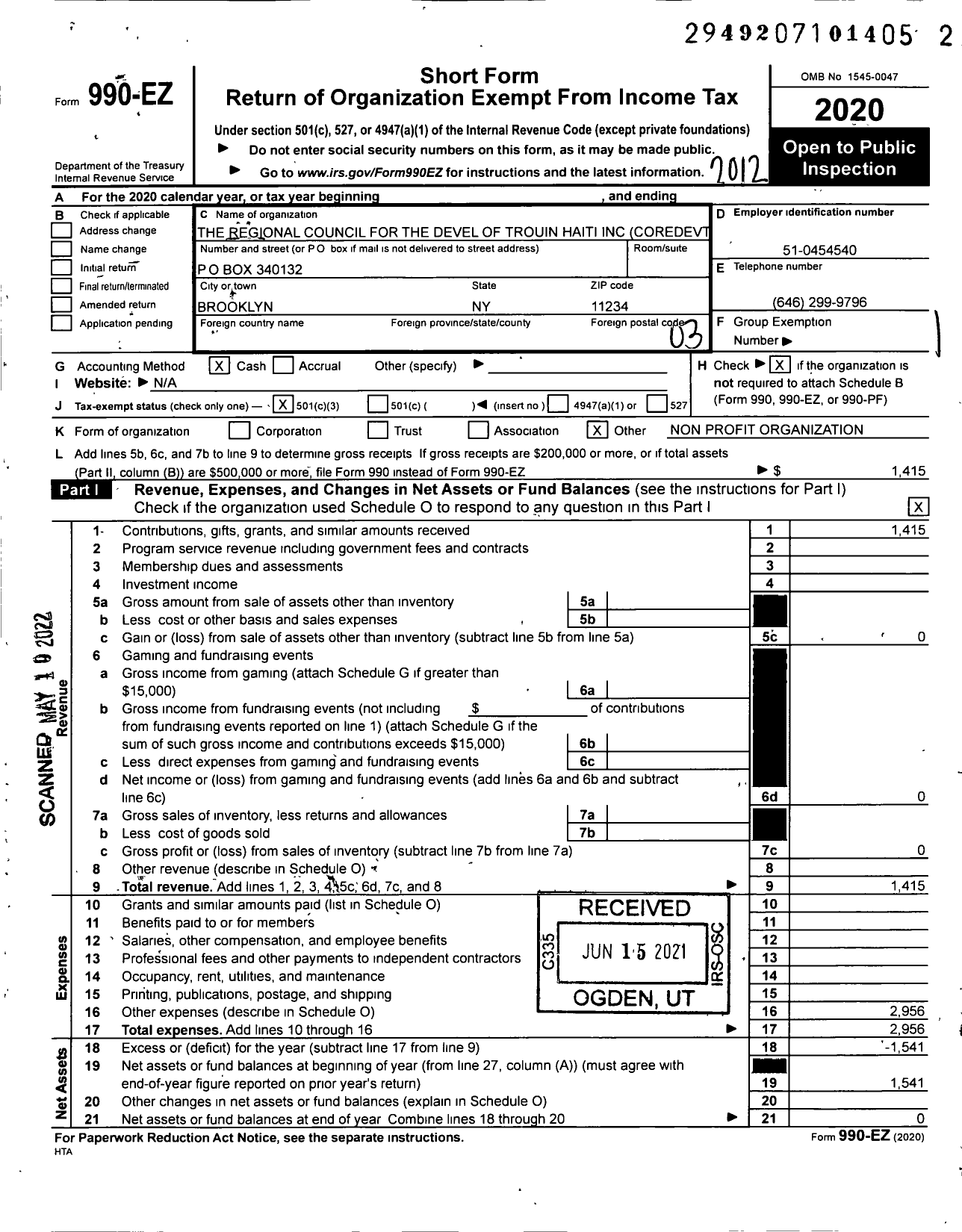 Image of first page of 2020 Form 990EZ for The Regional Council for the Devel of Trouin Haiti