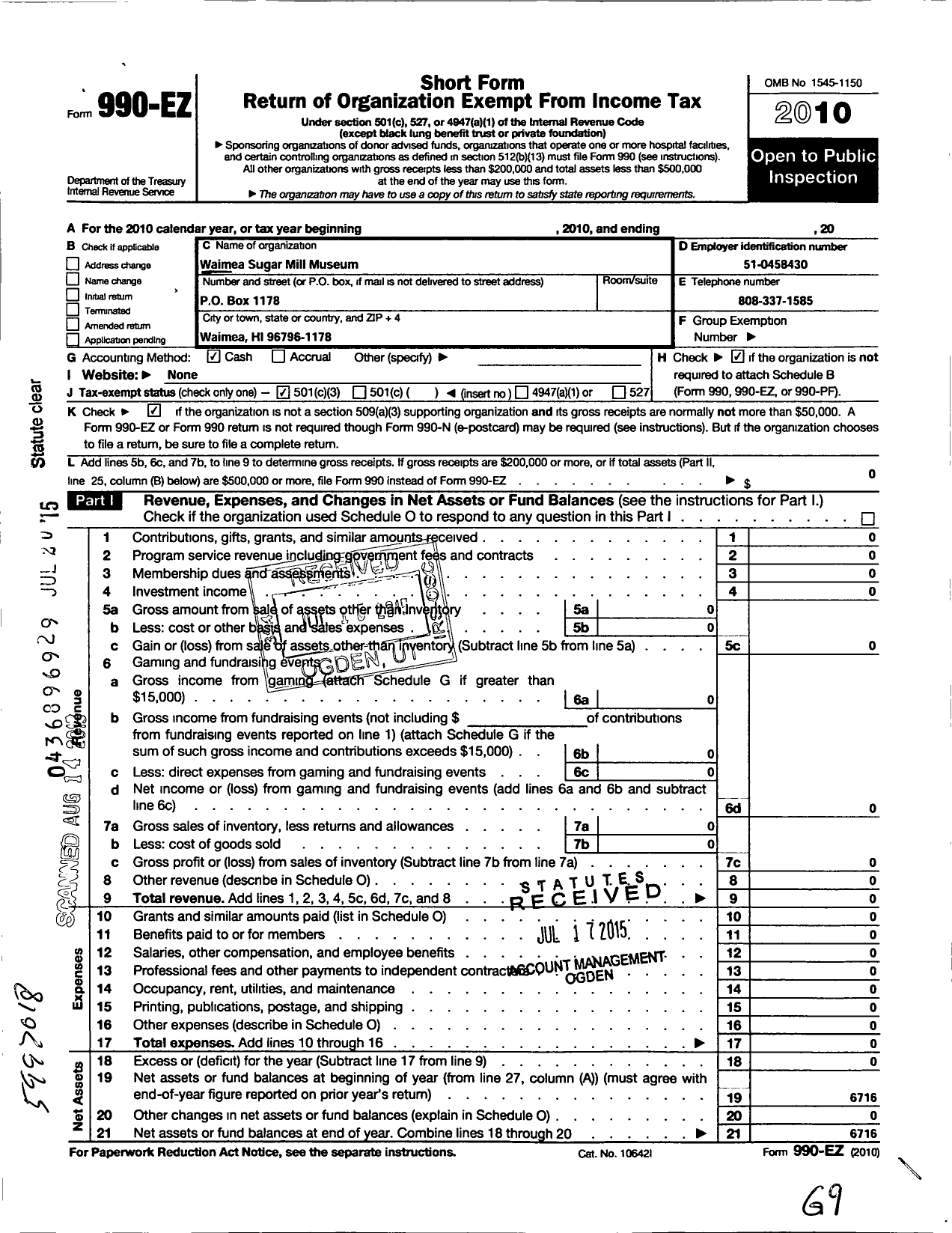 Image of first page of 2010 Form 990EZ for Waimea Sugar Mill Museum