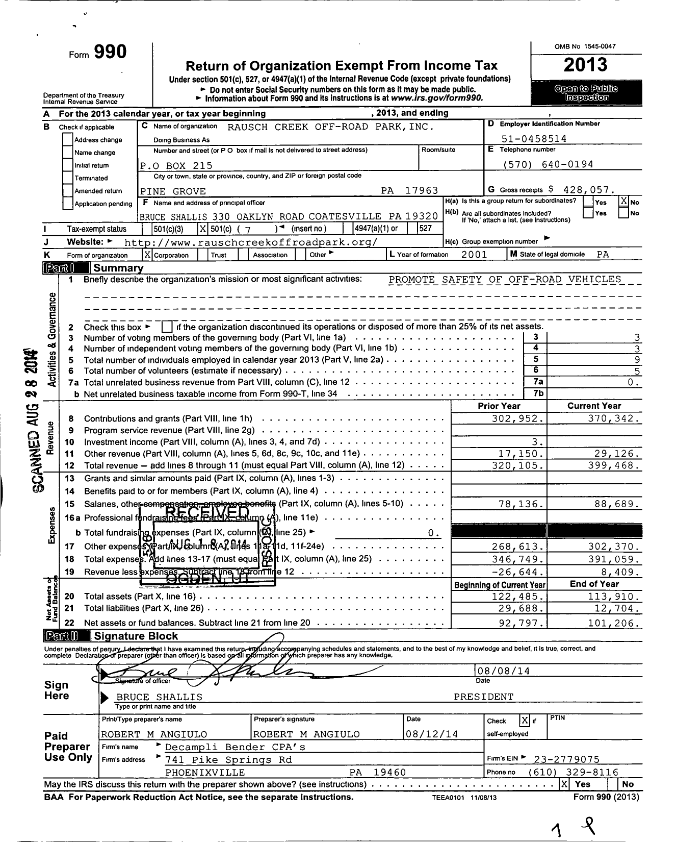 Image of first page of 2013 Form 990O for Rausch Creek Off-Road Park