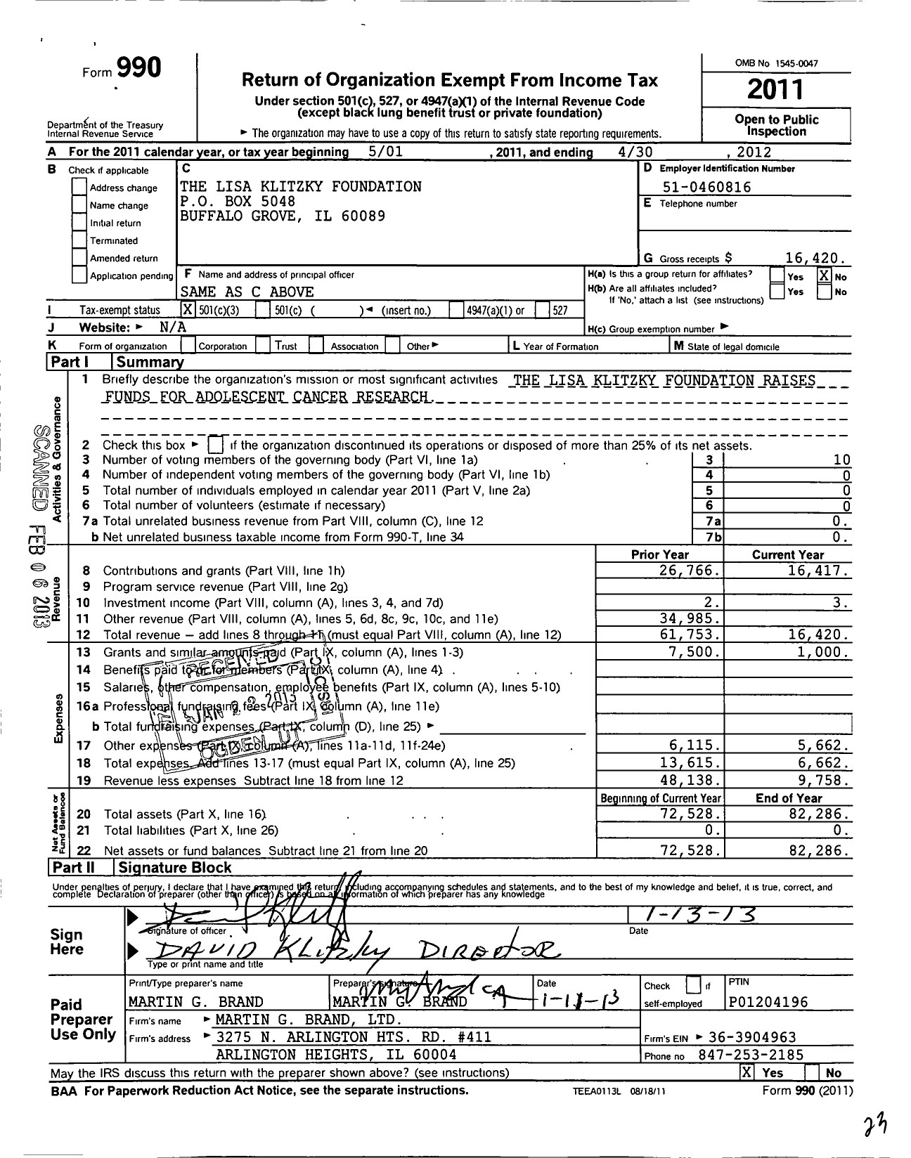 Image of first page of 2011 Form 990 for Lisa Klitzky Foundation