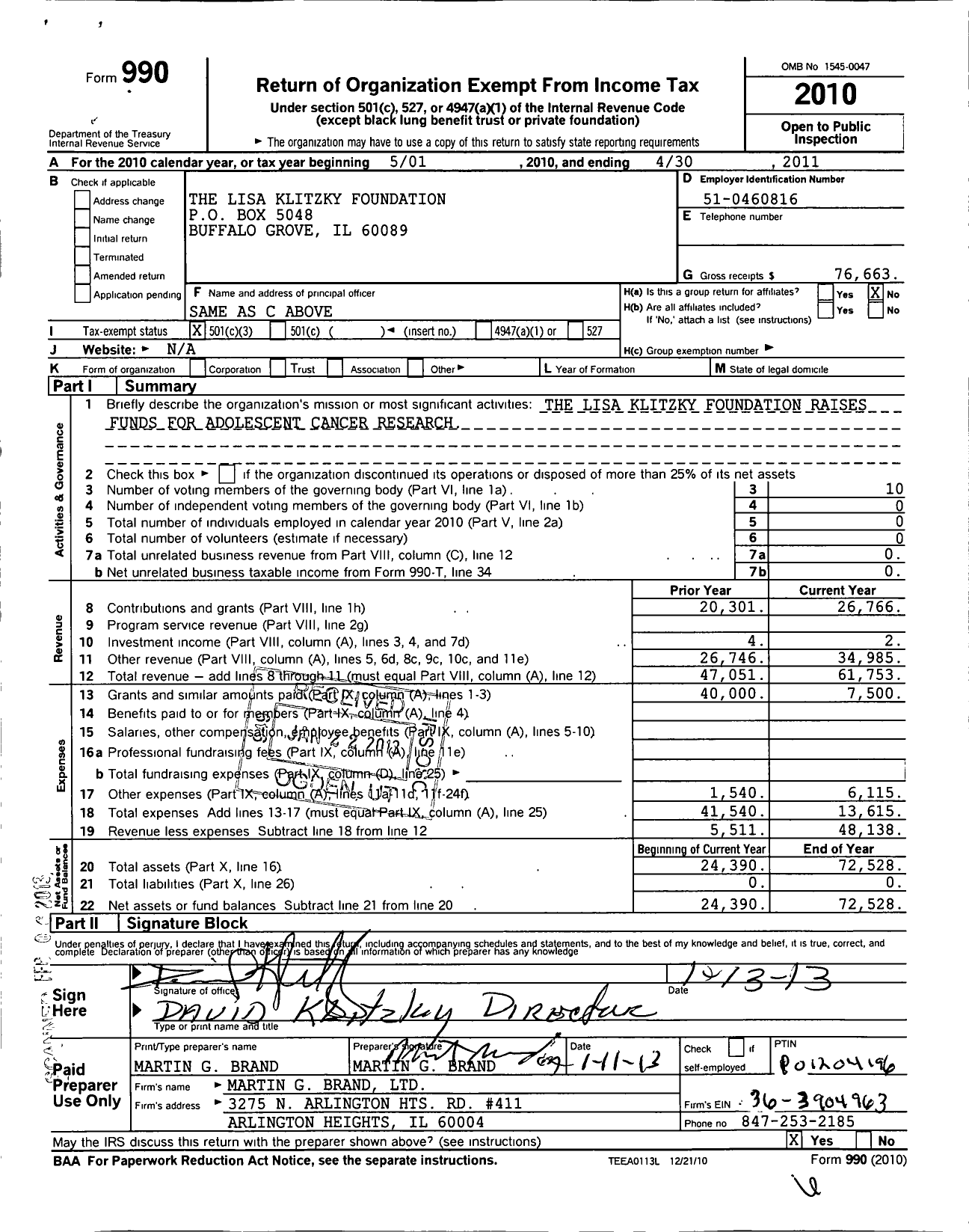 Image of first page of 2010 Form 990 for Lisa Klitzky Foundation