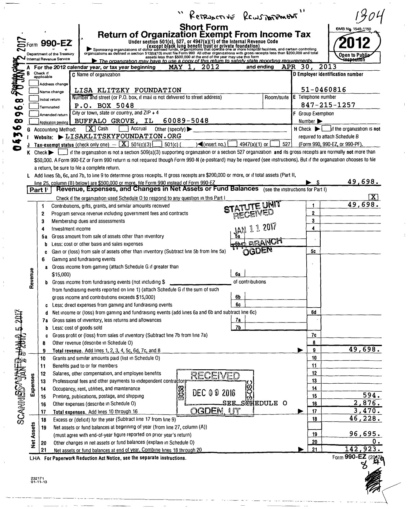 Image of first page of 2012 Form 990EZ for Lisa Klitzky Foundation