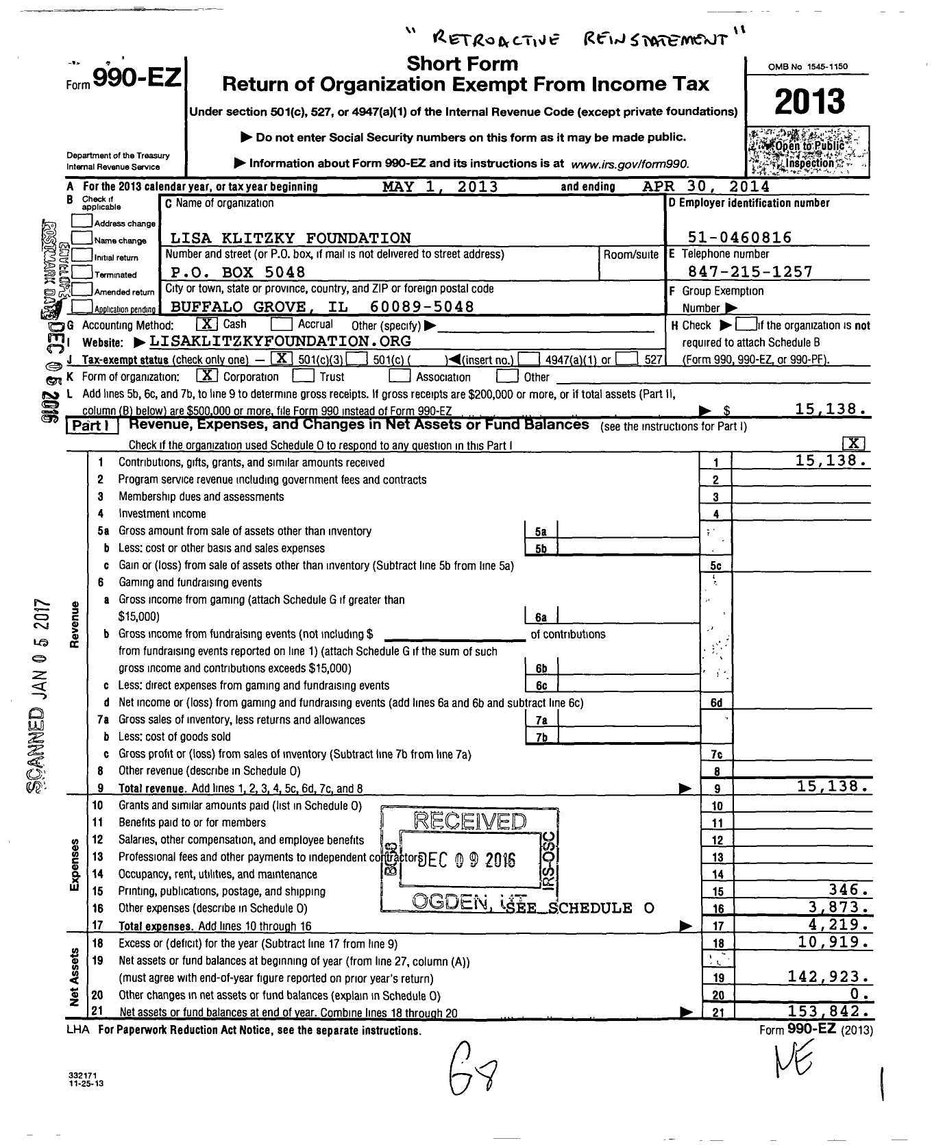 Image of first page of 2013 Form 990EZ for Lisa Klitzky Foundation