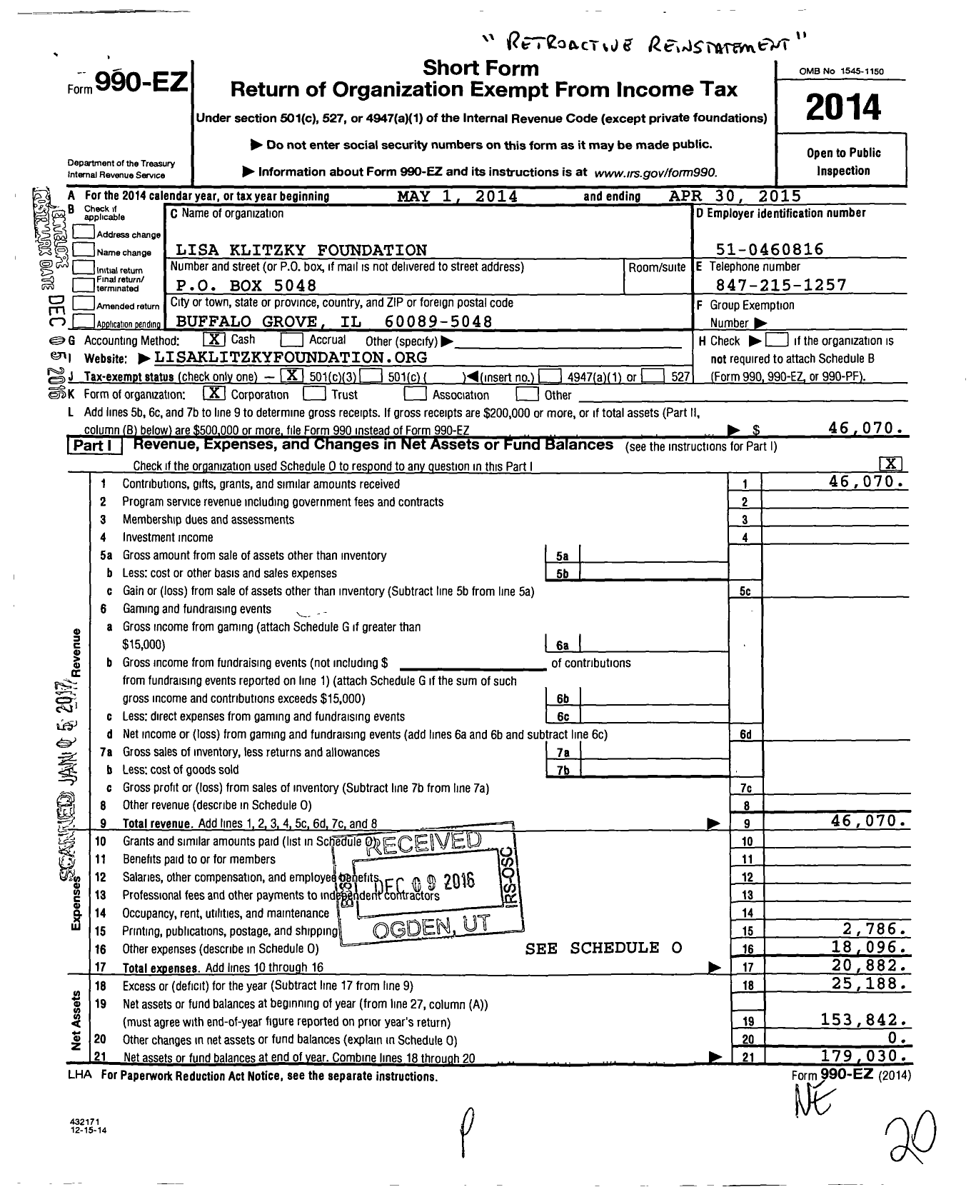 Image of first page of 2014 Form 990EZ for Lisa Klitzky Foundation