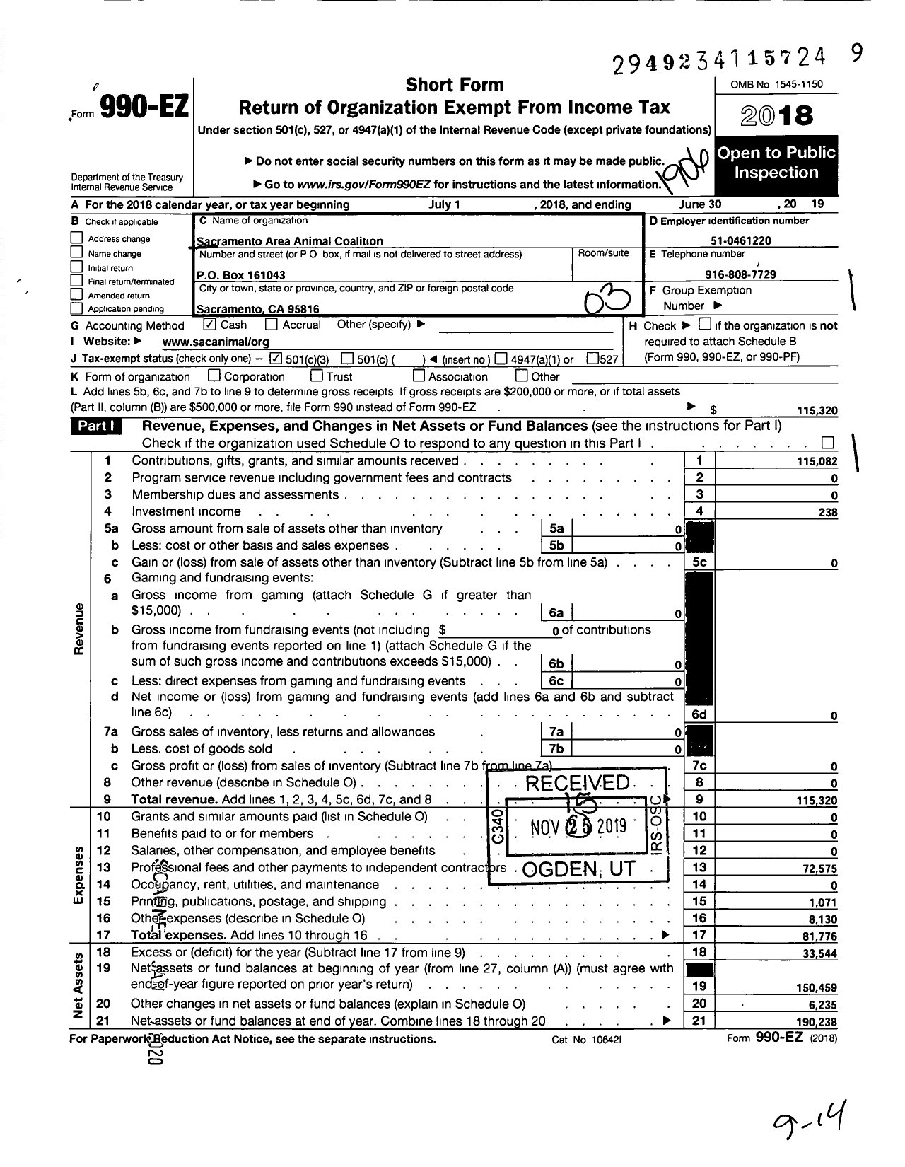 Image of first page of 2018 Form 990EZ for Sacramento Area Animal Coalition