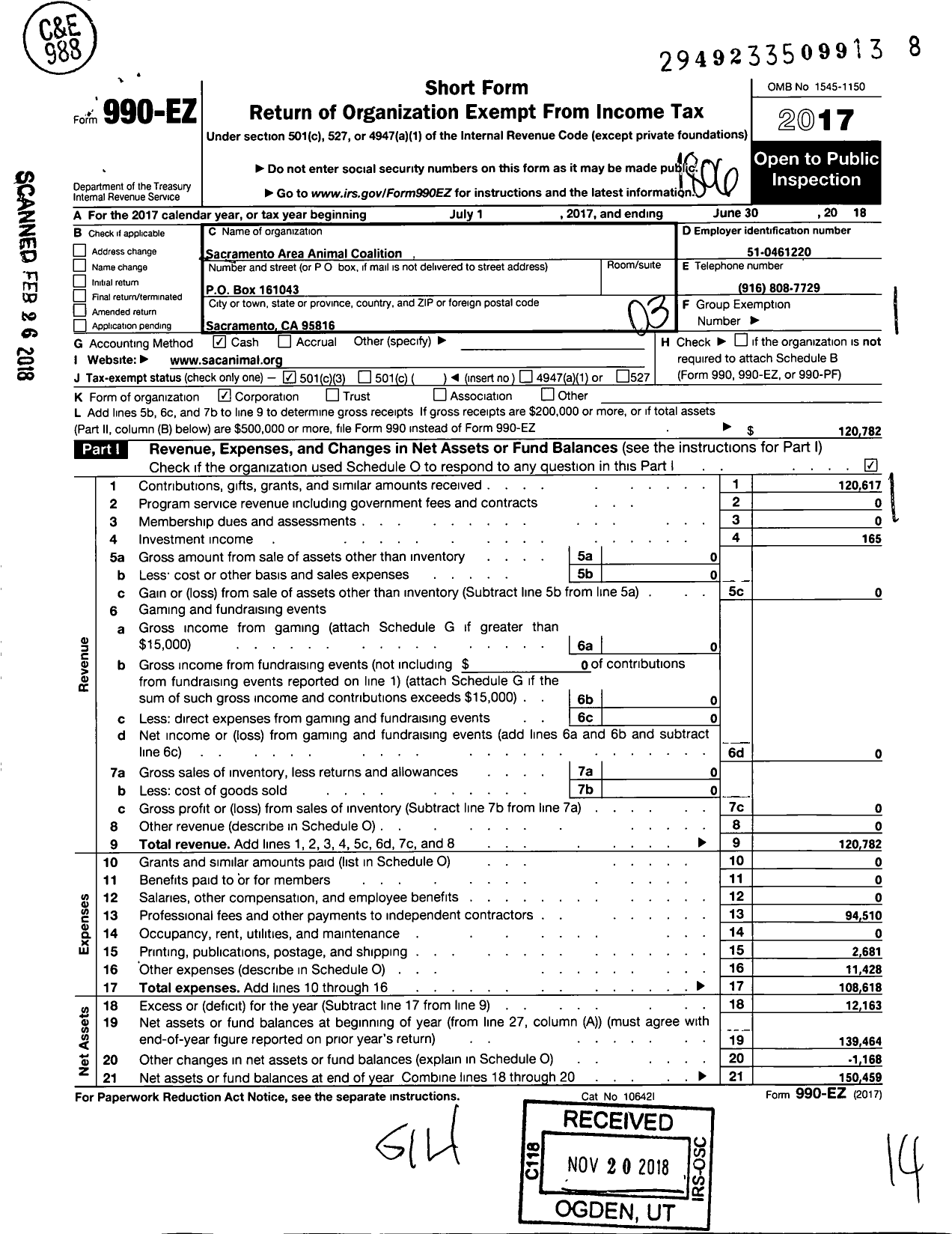 Image of first page of 2017 Form 990EZ for Sacramento Area Animal Coalition