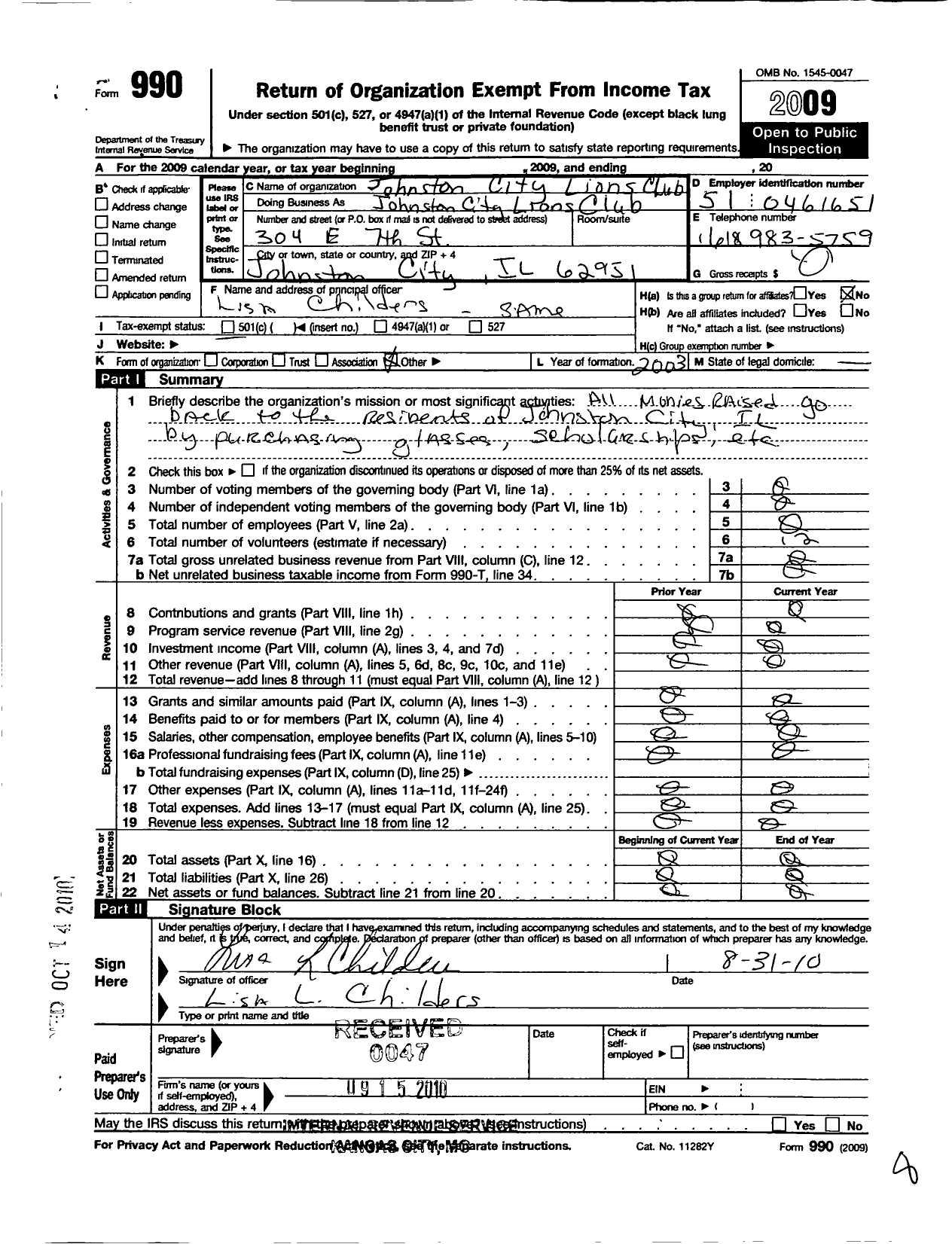 Image of first page of 2009 Form 990O for Lions Clubs - 66804 Johnston City