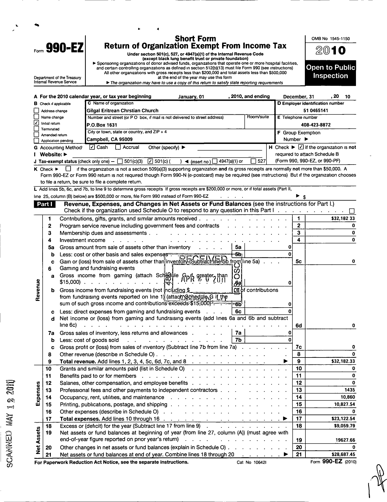 Image of first page of 2010 Form 990EO for Gilgal Eritrean Christian Church of San Jose