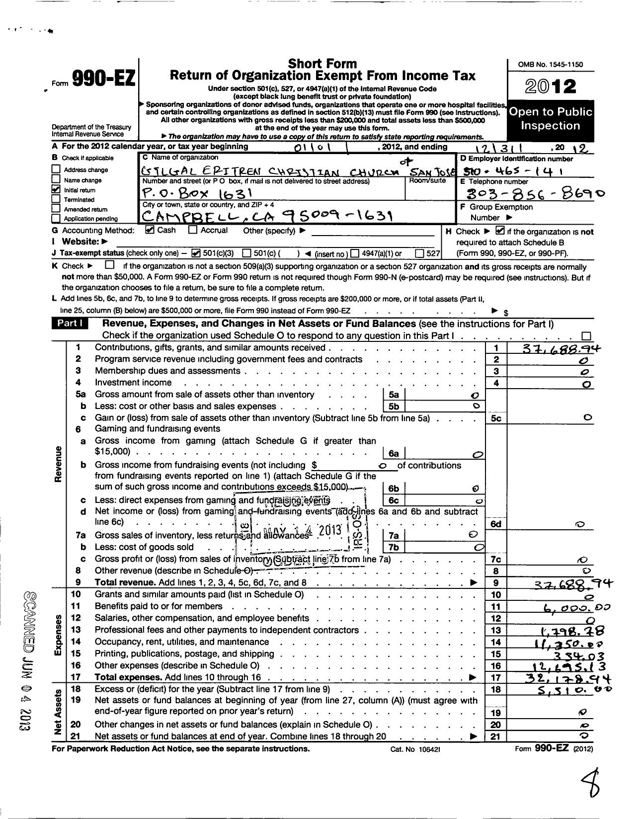 Image of first page of 2012 Form 990EZ for Gilgal Eritrean Christian Church of San Jose