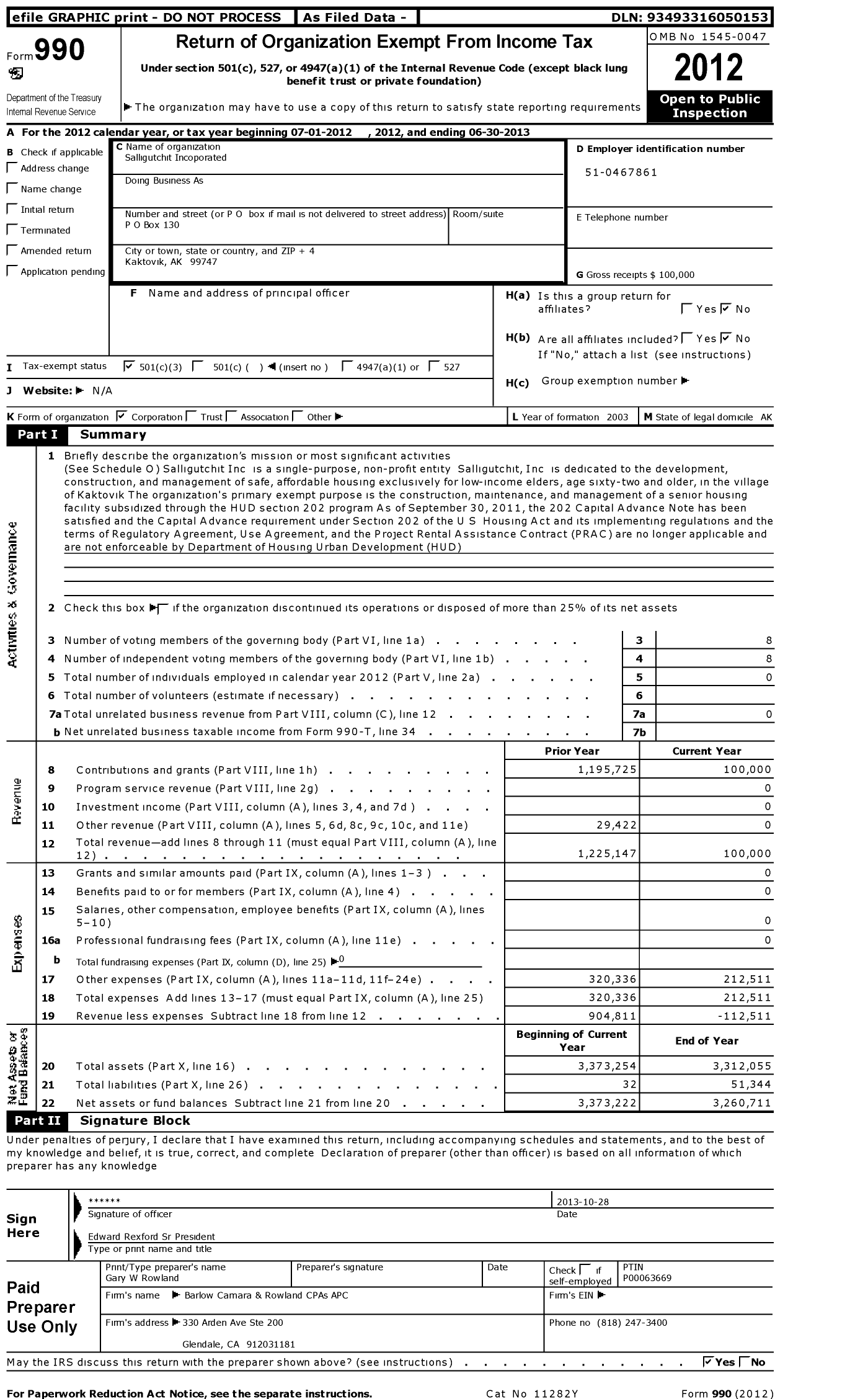 Image of first page of 2012 Form 990 for Salligutchit Incoporated