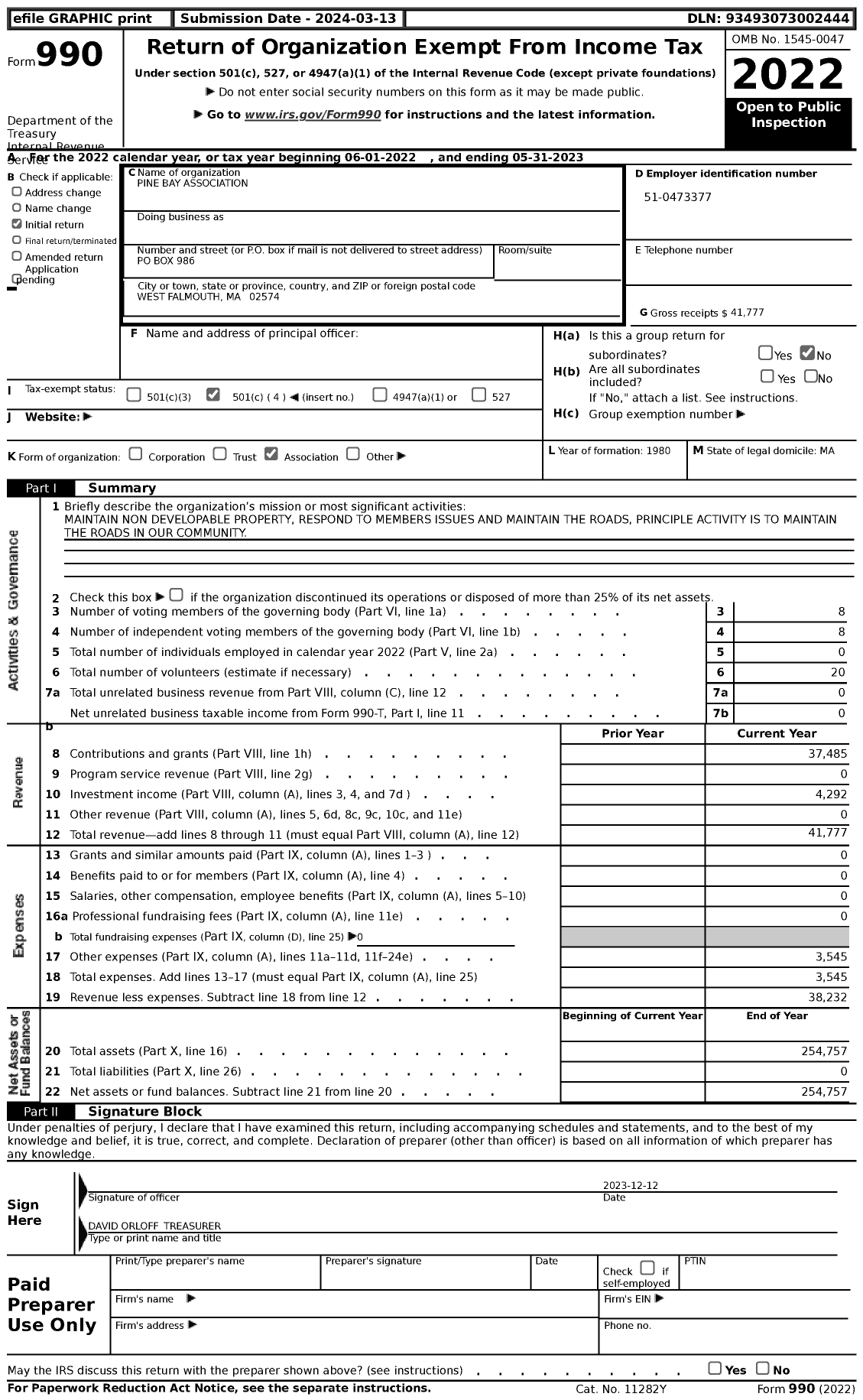 Image of first page of 2022 Form 990 for Pine Bay Association