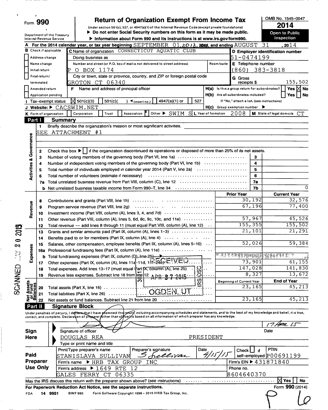 Image of first page of 2013 Form 990 for Connecticut Aquatic Club Boosters