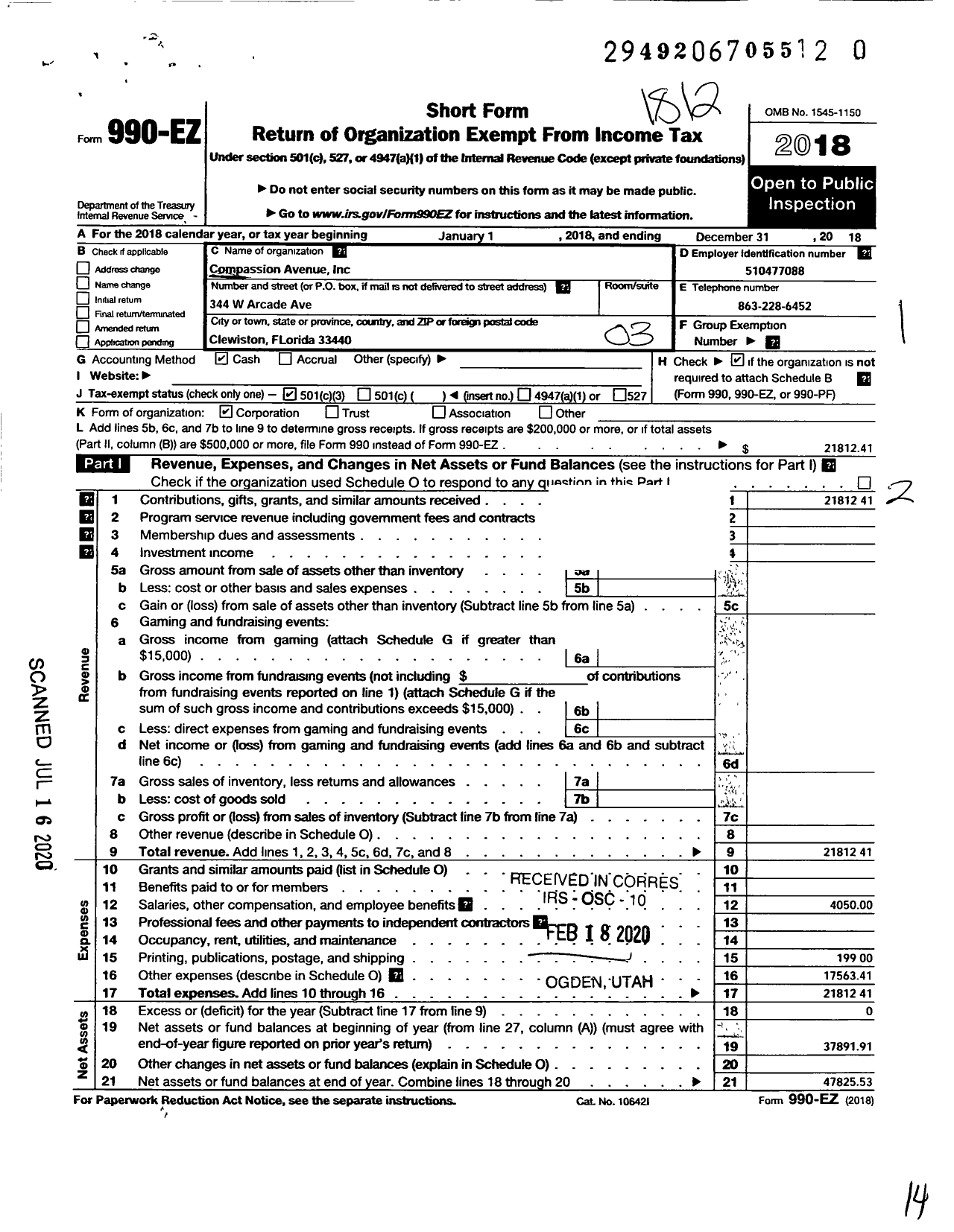 Image of first page of 2018 Form 990EZ for Compassion Avenue