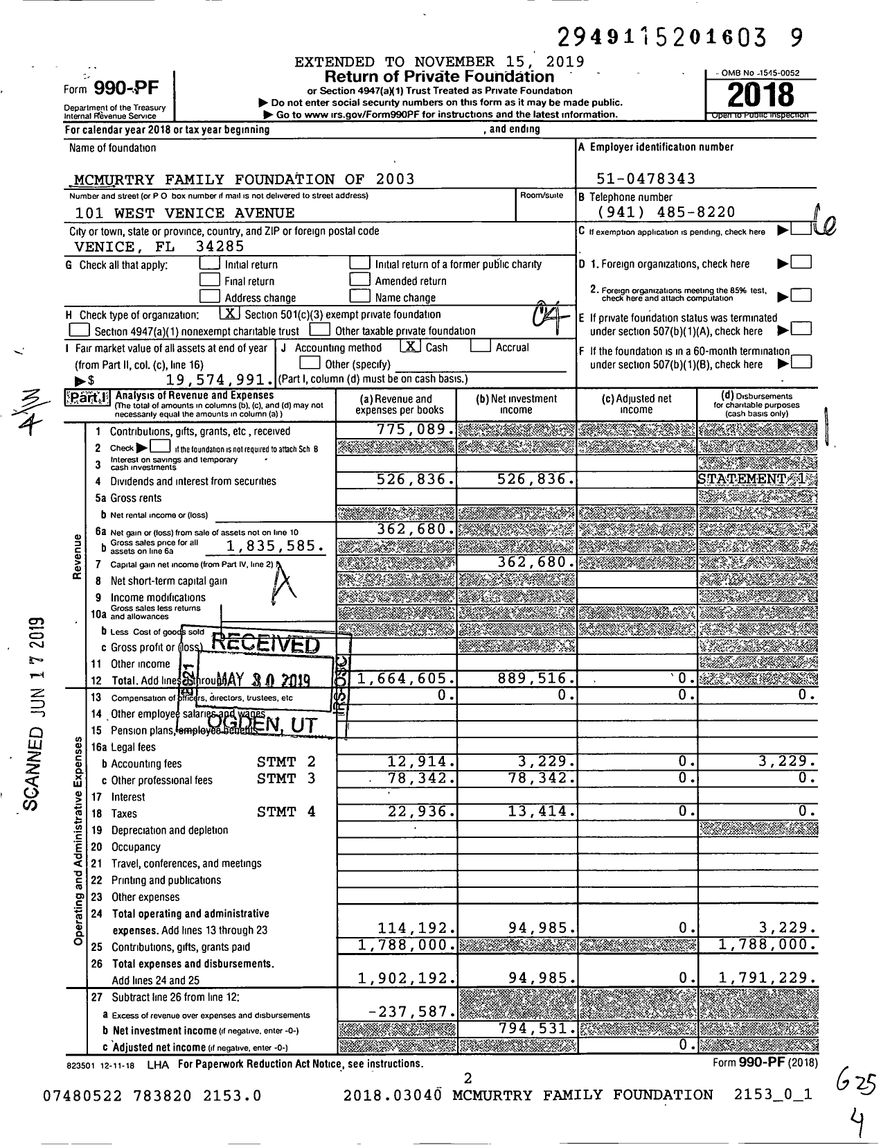Image of first page of 2018 Form 990PF for Mcmurtry Family Foundation of 2003