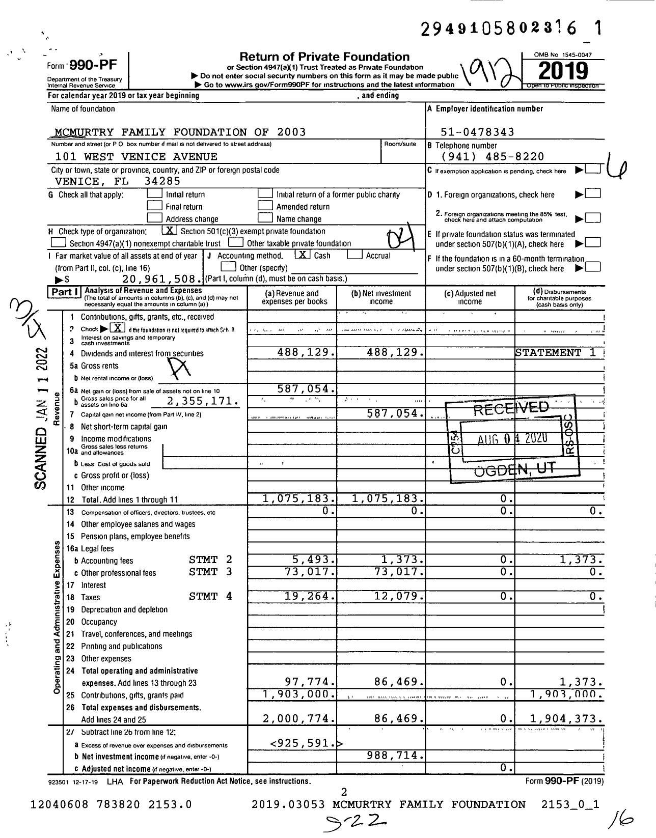 Image of first page of 2019 Form 990PF for Mcmurtry Family Foundation of 2003