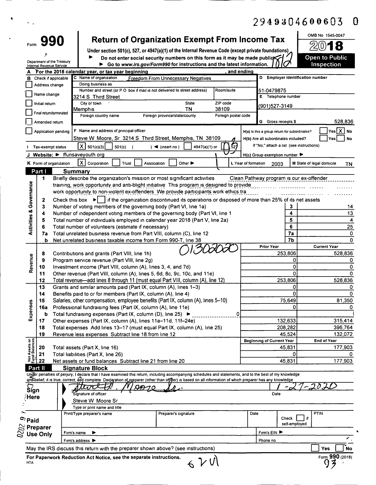 Image of first page of 2018 Form 990 for Freedom From Unnecessary Negatives (FFUN)