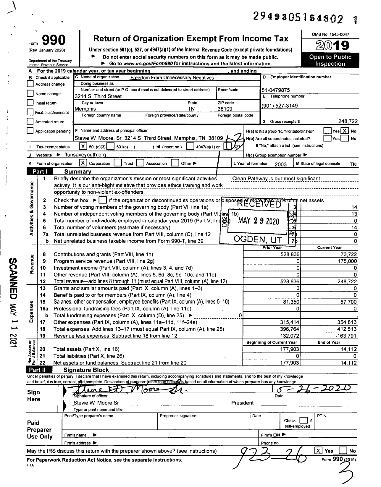 Image of first page of 2019 Form 990 for Freedom From Unnecessary Negatives (FFUN)